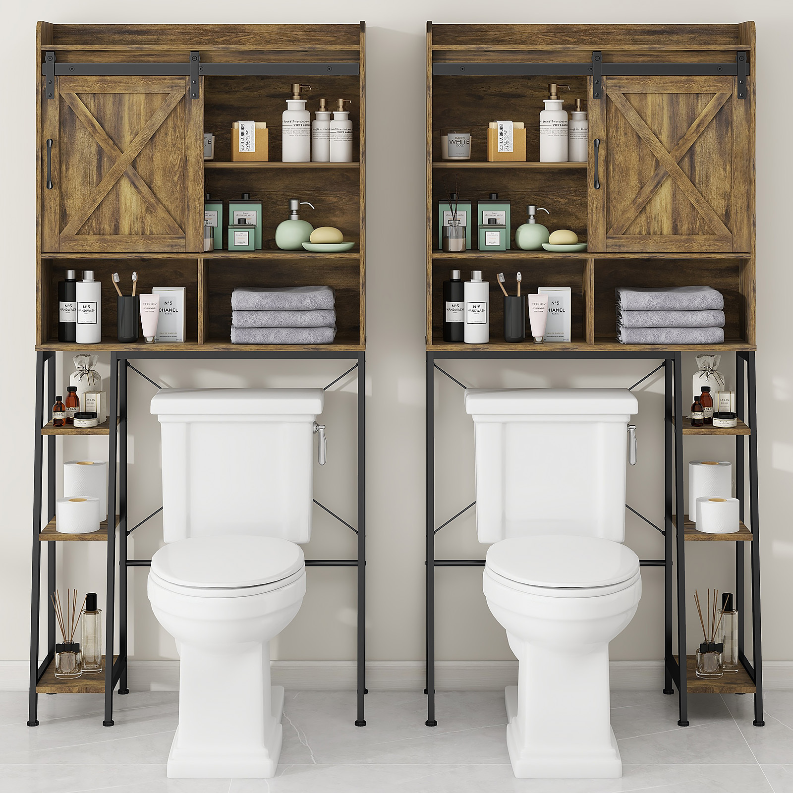 Vabches Over The Toilet Storage Cabinet with Sliding Door and Integrated Toilet Paper Holder, Ideal for Bathrooms, Restrooms, and Laundry Rooms.