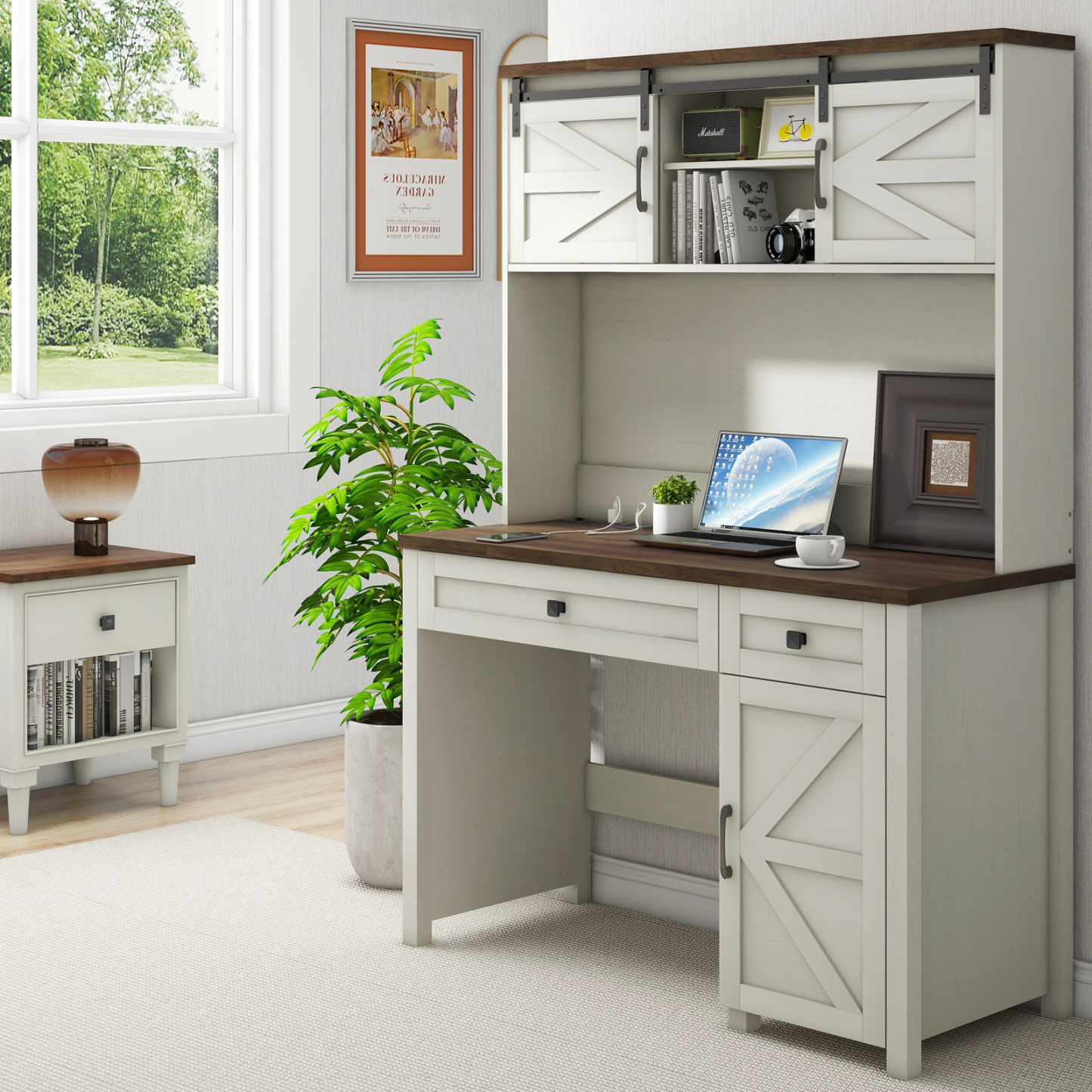 Farmhouse 47" Executive Desk, Computer Desk with Drawers and Storage Cabinet, Workstation Computer Desk with Hutch for Home Office