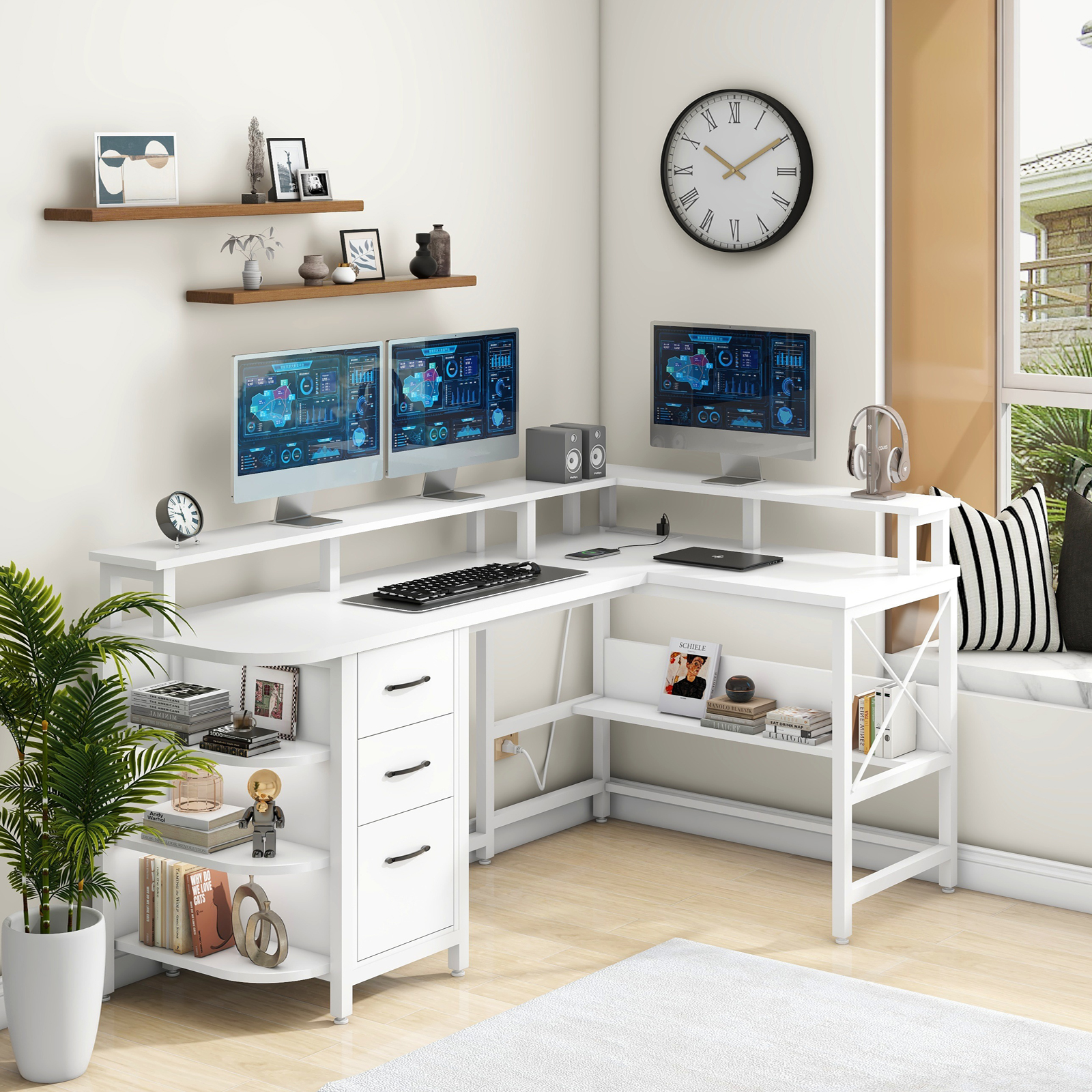 Vabches 67" L Shaped Computer Desk with LED Lights and Power Outlets, Reversible Gaming Desk with 3 Drawers Hutch