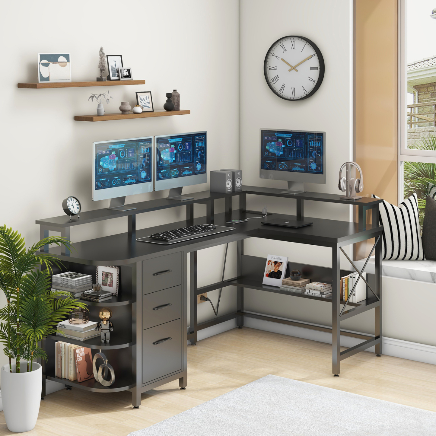 Vabches 67" L Shaped Computer Desk with LED Lights and Power Outlets, Reversible Gaming Desk with 3 Drawers Hutch for Adolescents and Adults