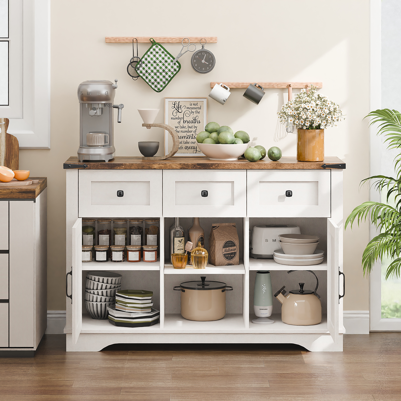 Vabches Farmhouse Buffet Cabinet features barn-style doors, drawers, and shelves, providing ample storage for living rooms, dining rooms, and kitchens