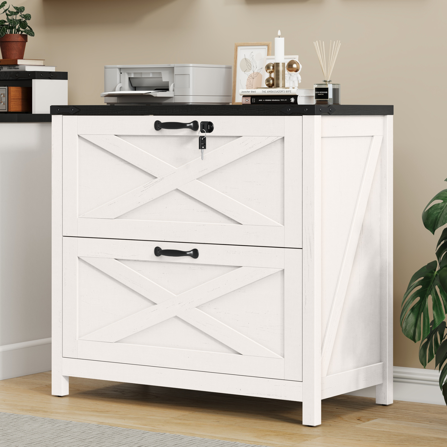 Halitaa Lateral File Cabinet with 2 Large Drawers, Farmhouse File Cabinet with Lock for Letter/Legal/A4 Size Hanging Files, Wood File Storage Cabinets Printer Stand for Home Office Cabinets