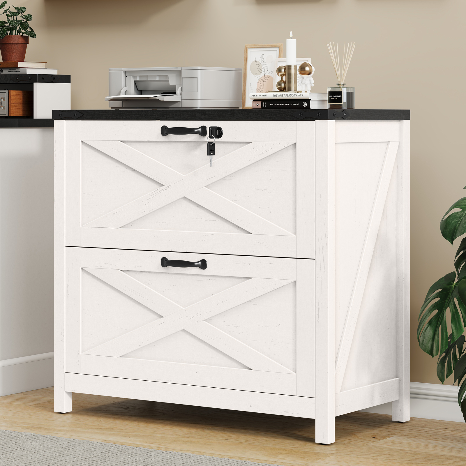 Halitaa Lateral File Cabinet with 2 Large Drawers, Farmhouse File Cabinet with Lock for Letter/Legal/A4 Size Hanging Files, Wood File Storage Cabinets Printer Stand for Home Office Cabinets