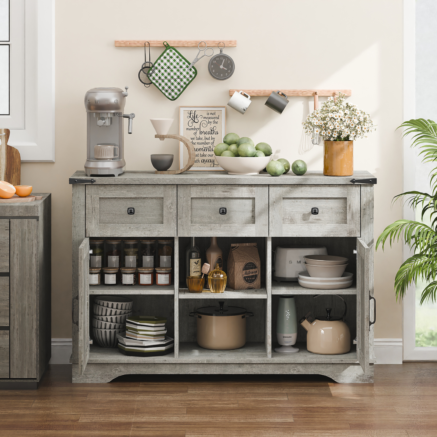 The Vabches Farmhouse Buffet Cabinet features barn-style doors, drawers, and shelves, providing ample storage for living rooms, dining rooms, and kitchens