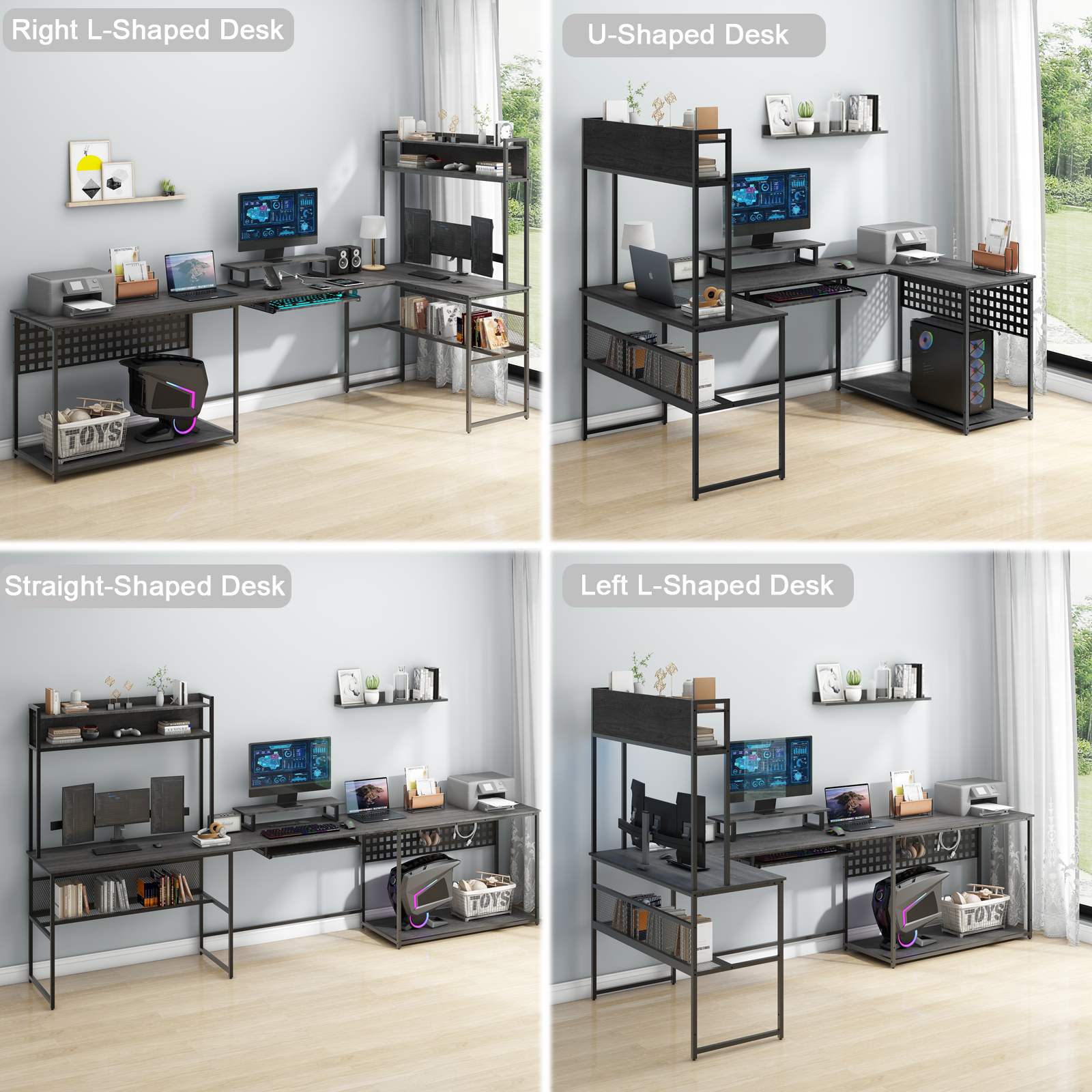 Vabches U Shaped Office Desk with LED Lights, L Shaped Desk with Power Outlet and Monitor Stand, Grey