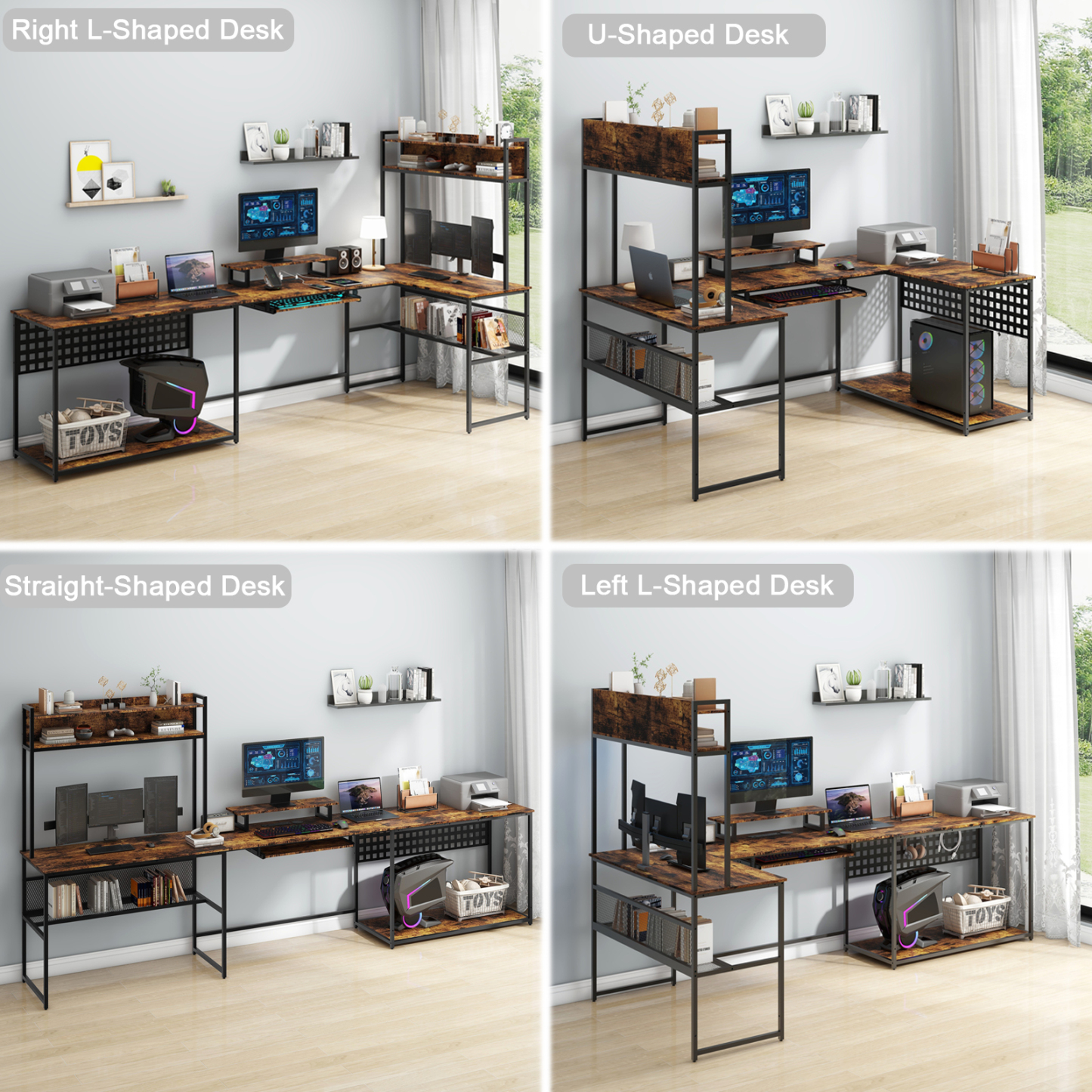 Vabches U Shaped Office Desk with LED Lights, L Shaped Desk with Power Outlet and Monitor Stand, Brown