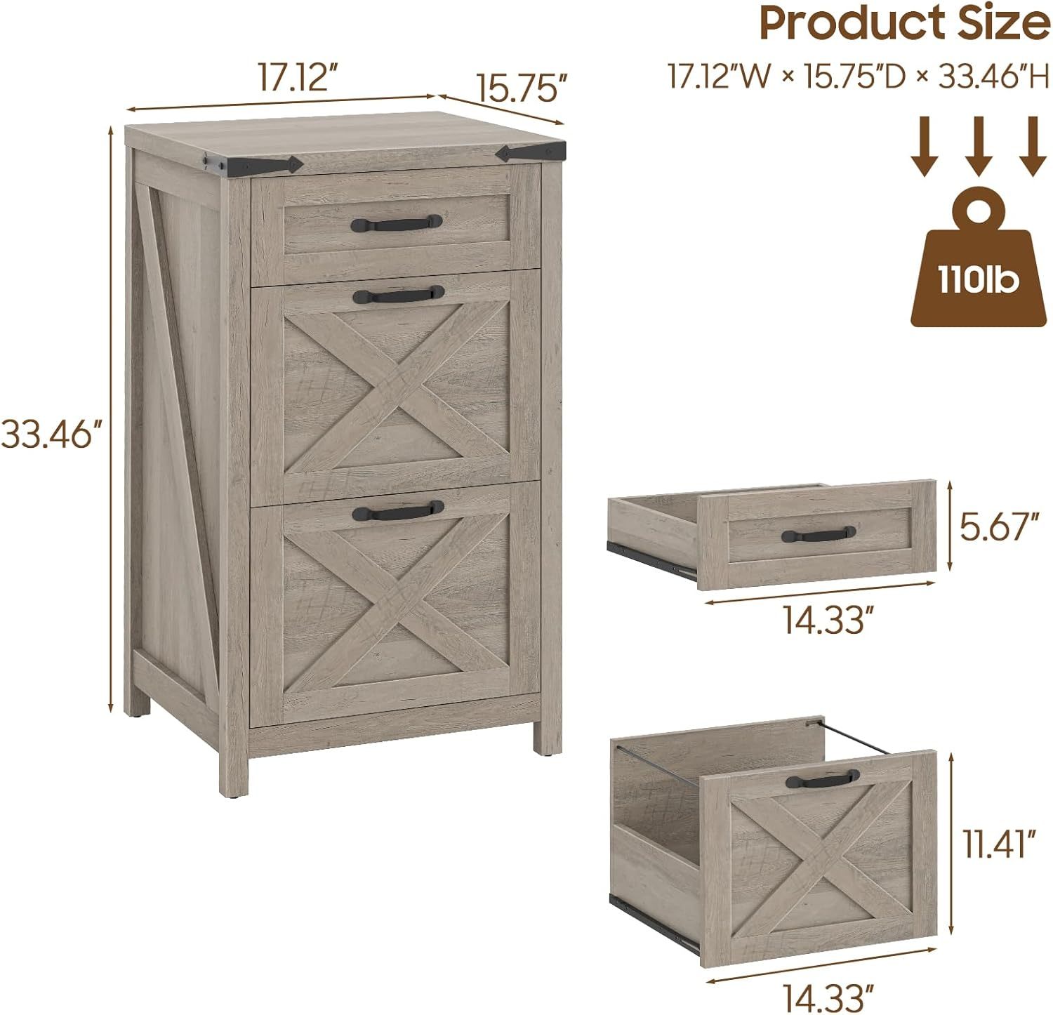 Farmhouse File Cabinet with 3 Drawers for Home Office, Rustic Grey | Halitaa Vertical Filing Cabinet Fits Letter/A4 Size, Wood File Cabinet Printer Stand for Living Room