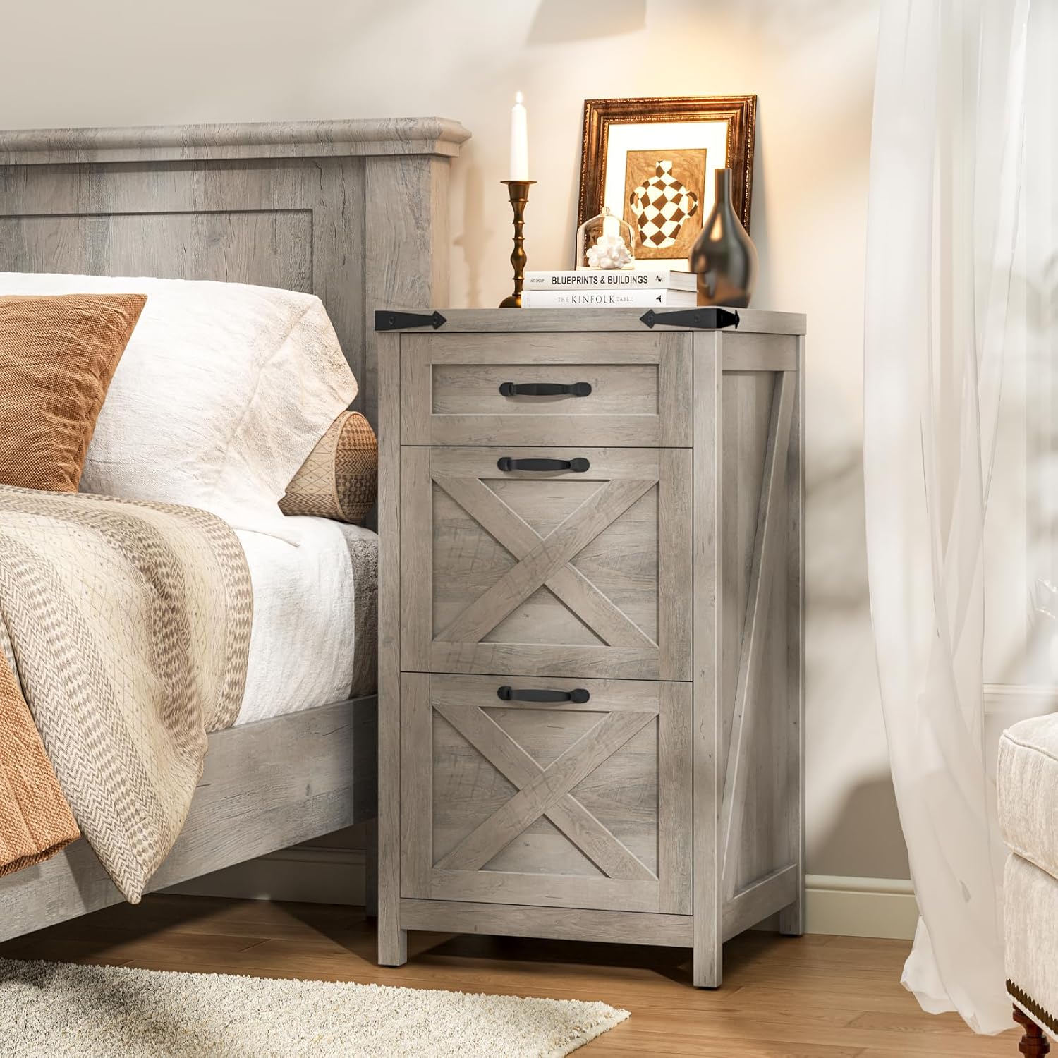 Farmhouse File Cabinet with 3 Drawers for Home Office, Rustic Grey | Halitaa Vertical Filing Cabinet Fits Letter/A4 Size, Wood File Cabinet Printer Stand for Living Room