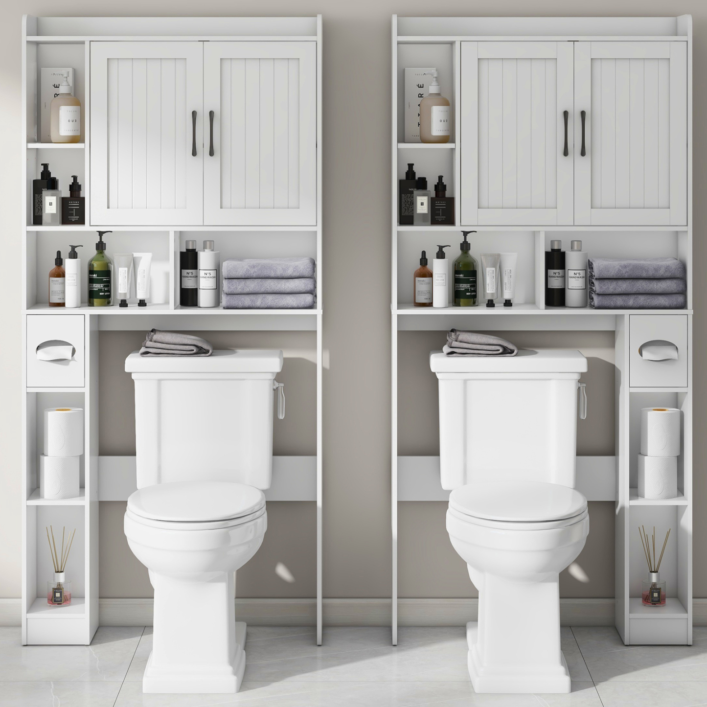 Over The Toilet Storage Cabinet, Farmhouse Storage Cabinet Over Toilet with 2 Barn Door & Toilet Paper Holder Stand，Home Space-Saving Toilet Rack, for Bathroom, Restroom, Laundry(White)