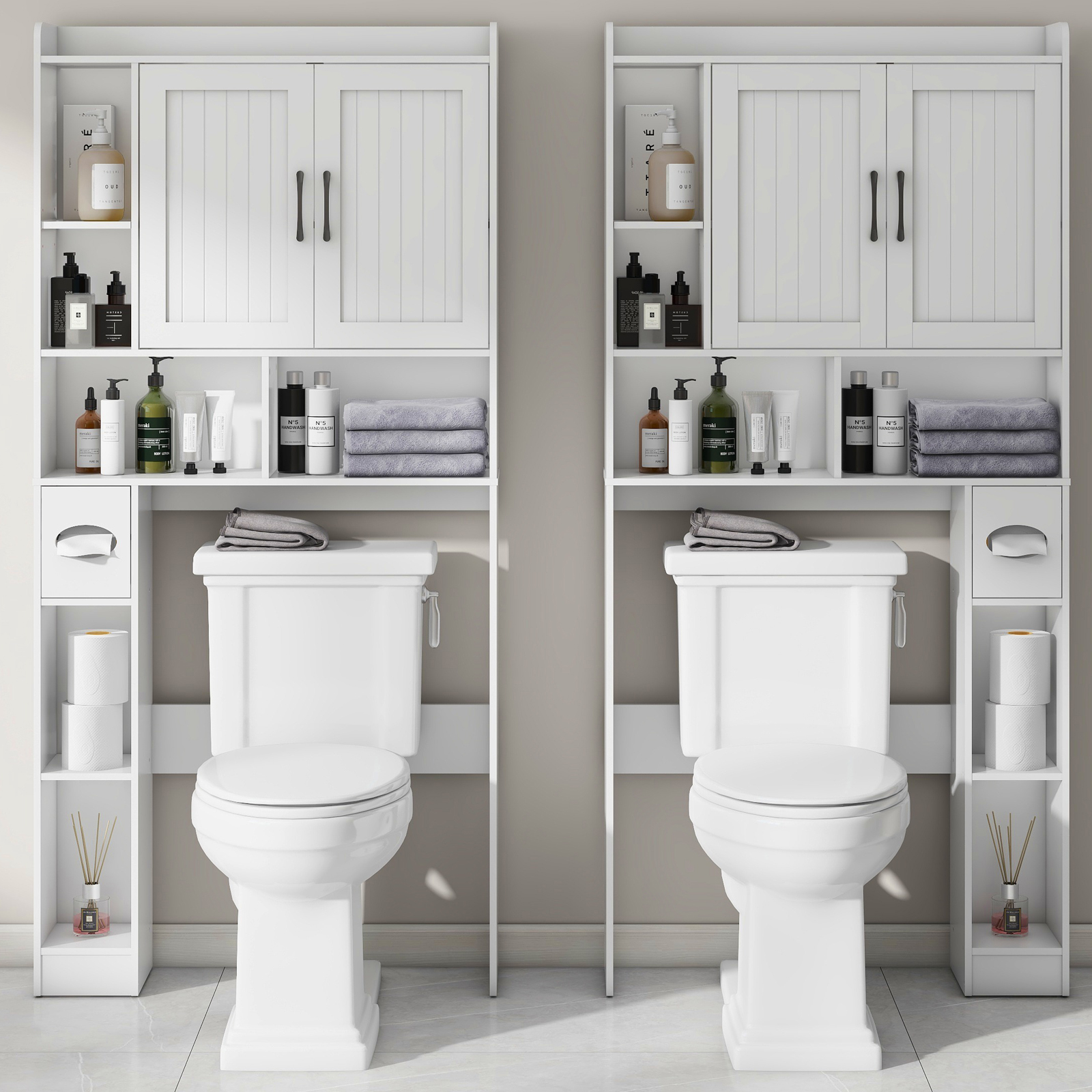 Over The Toilet Storage Cabinet, Farmhouse Storage Cabinet Over Toilet with 2 Barn Door & Toilet Paper Holder Stand，Home Space-Saving Toilet Rack, for Bathroom, Restroom, Laundry(White)