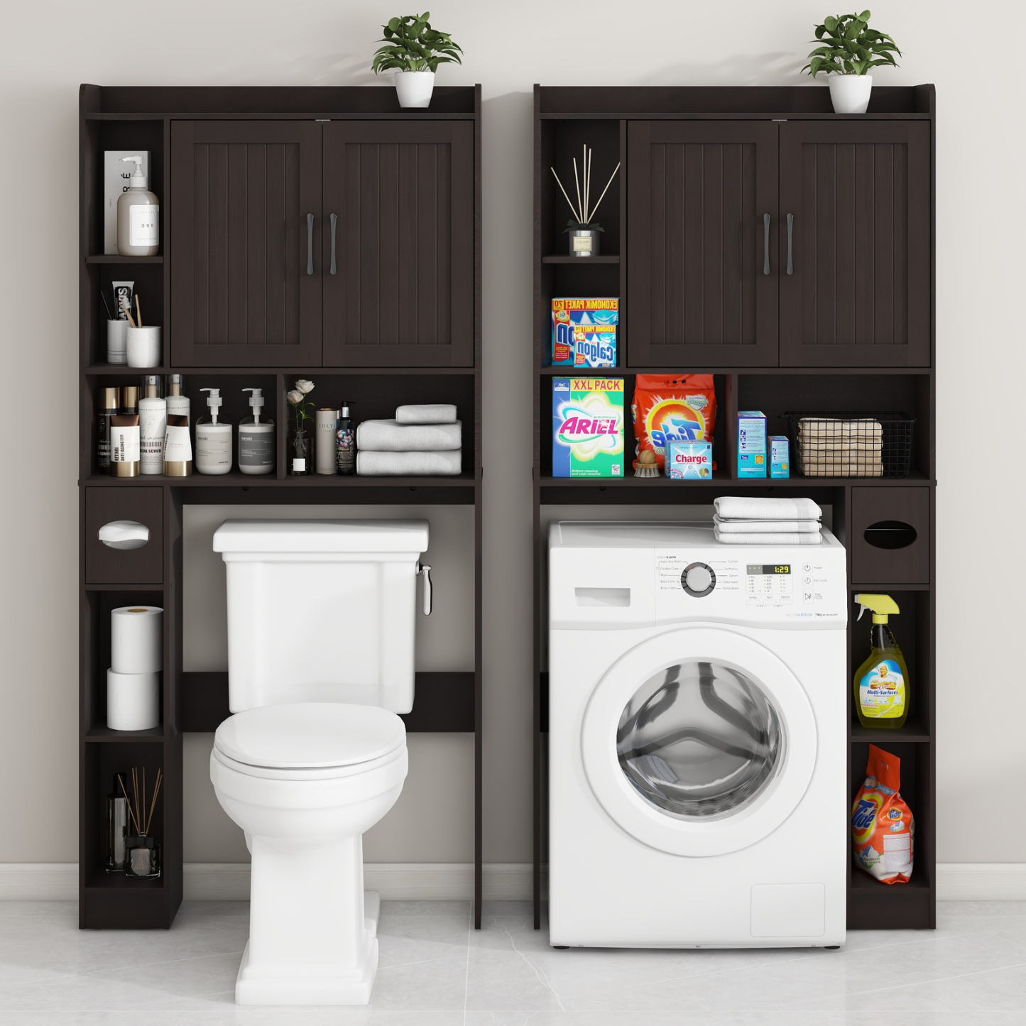 Over The Toilet Storage Cabinet, Farmhouse Storage Cabinet Over Toilet with 2 Barn Door & Toilet Paper Holder Stand，Home Space-Saving Toilet Rack, for Bathroom, Restroom, Laundry(Espresso)