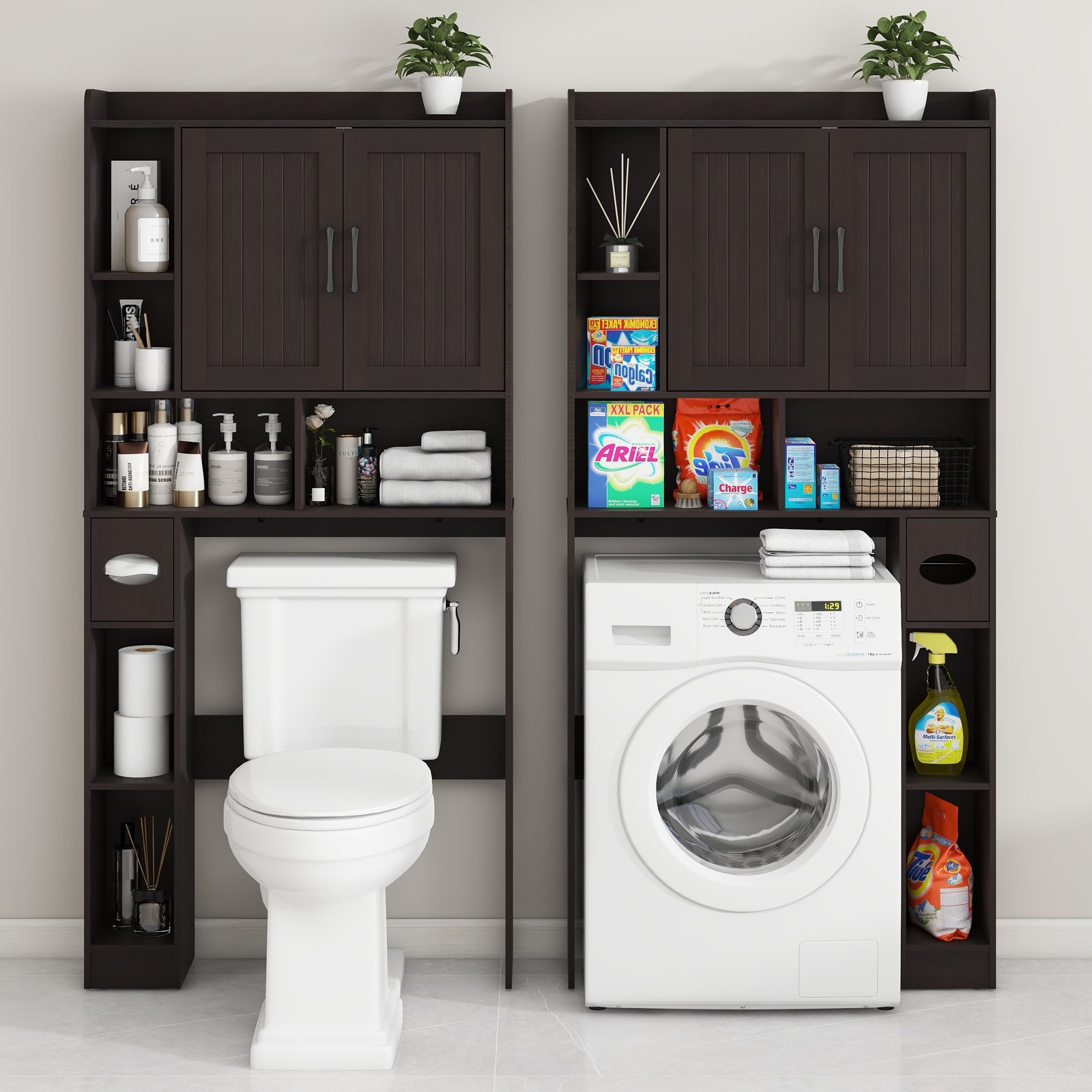 Over The Toilet Storage Cabinet, Farmhouse Storage Cabinet Over Toilet with 2 Barn Door & Toilet Paper Holder Stand，Home Space-Saving Toilet Rack, for Bathroom, Restroom, Laundry(Espresso)