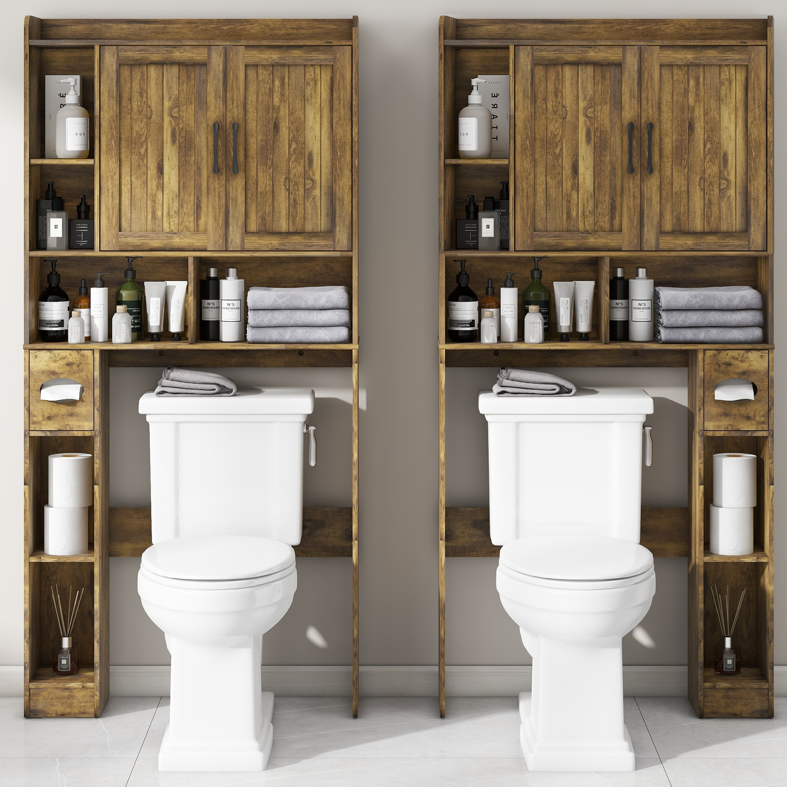 Over The Toilet Storage Cabinet, Farmhouse Storage Cabinet Over Toilet with 2 Barn Door & Toilet Paper Holder Stand，Home Space-Saving Toilet Rack, for Bathroom, Restroom, Laundry(Brown)