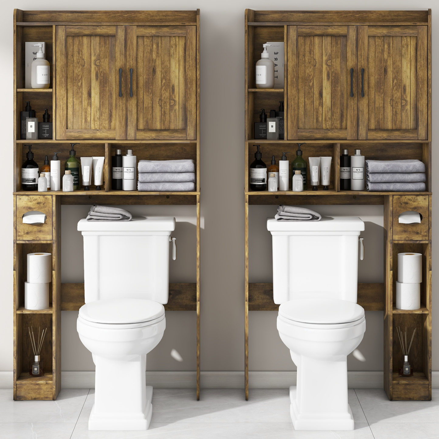Over The Toilet Storage Cabinet, Farmhouse Storage Cabinet Over Toilet with 2 Barn Door & Toilet Paper Holder Stand，Home Space-Saving Toilet Rack, for Bathroom, Restroom, Laundry(Brown)