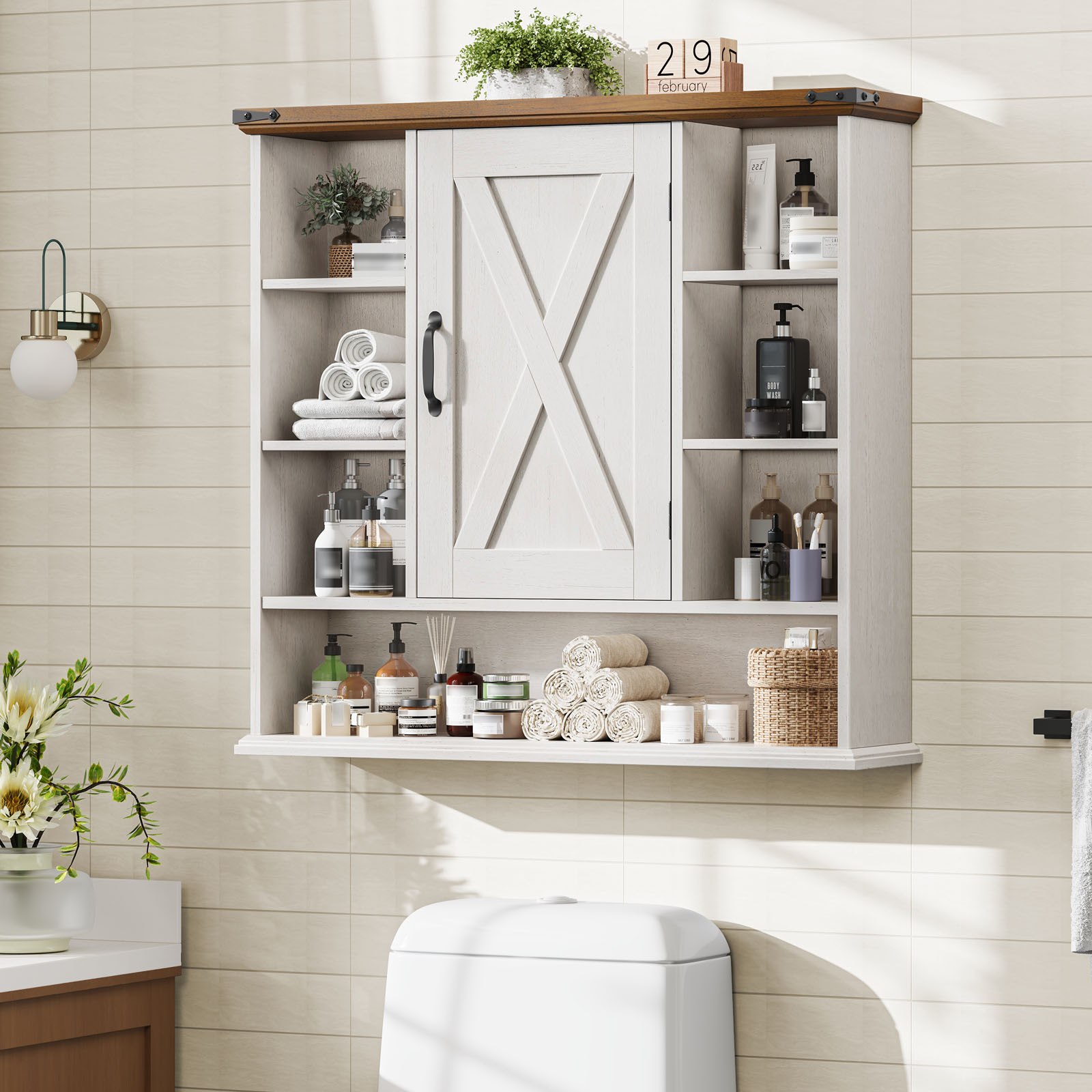 Halitaa Bathroom Wall Cabinet, Farmhouse Medicine Cabinet with Adjustable Shelves and Barn Doors, Large Wall Mounted Over the Toilet Storage Cabinet for Bathroom, Laundry Room, Kitchen