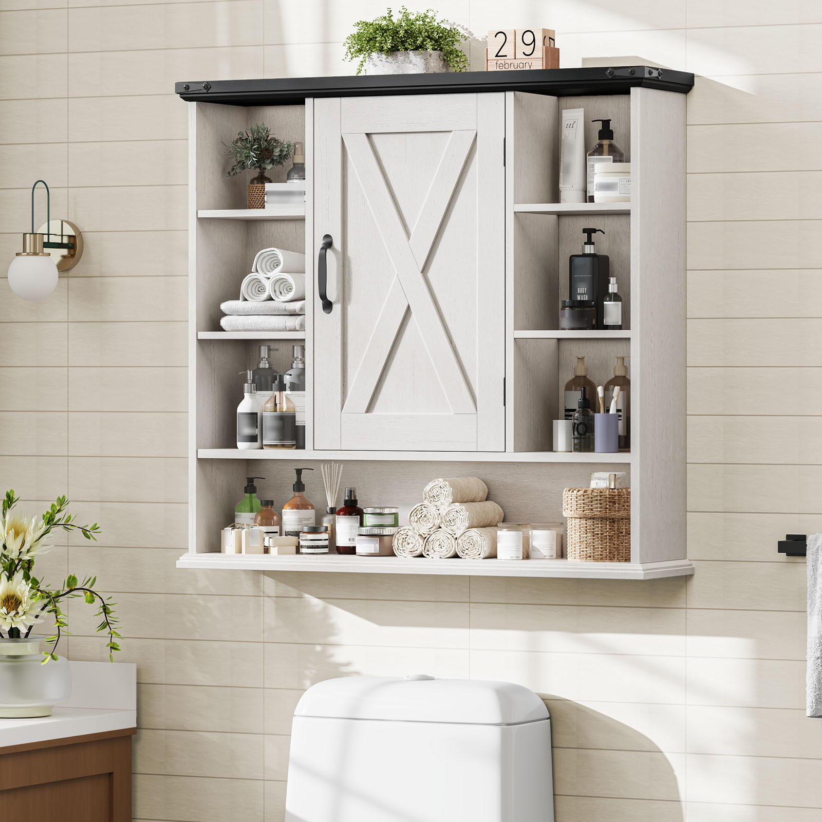 Halitaa Bathroom Wall Cabinet, Farmhouse Medicine Cabinet with Adjustable Shelves and Barn Doors, Large Wall Mounted Over the Toilet Storage Cabinet for Bathroom, Laundry Room, Kitchen