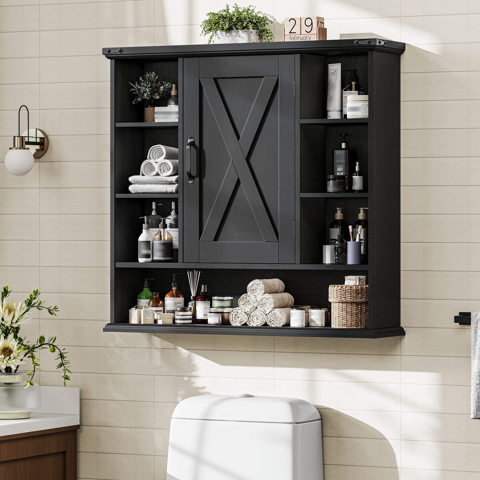 Halitaa Bathroom Wall Cabinet, Farmhouse Medicine Cabinet with Adjustable Shelves and Barn Doors, Large Wall Mounted Over the Toilet Storage Cabinet for Bathroom, Laundry Room, Kitchen