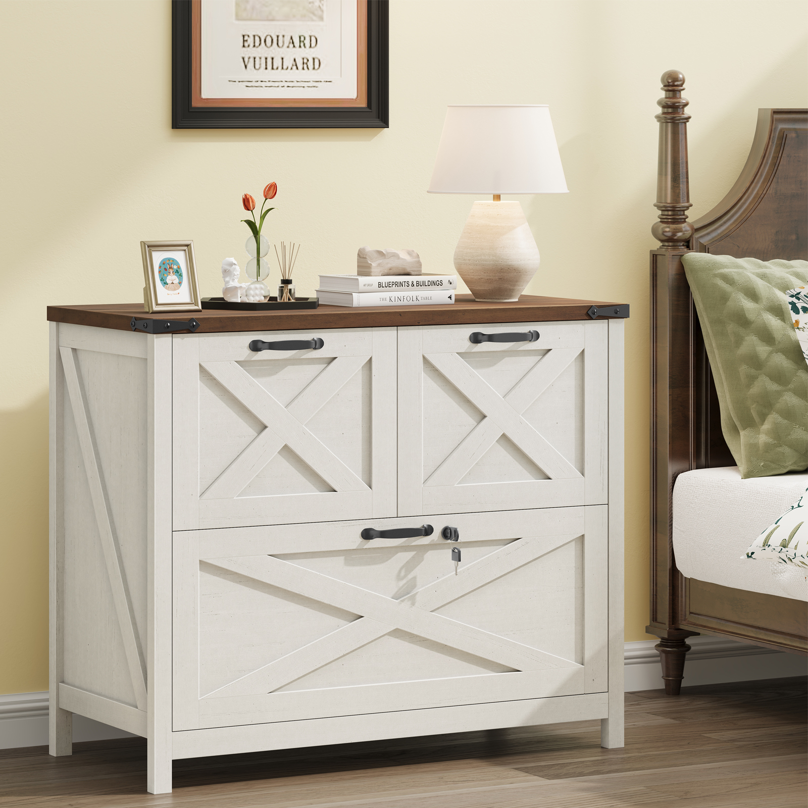 Halitaa Lateral File Cabinet with 3 Drawers, Farmhouse File Cabinet with Lock for Letter/Legal/A4 Size Hanging Files, Wood File Storage Cabinets Printer Stand for Home Office Cabinets, Rustic White and Brown