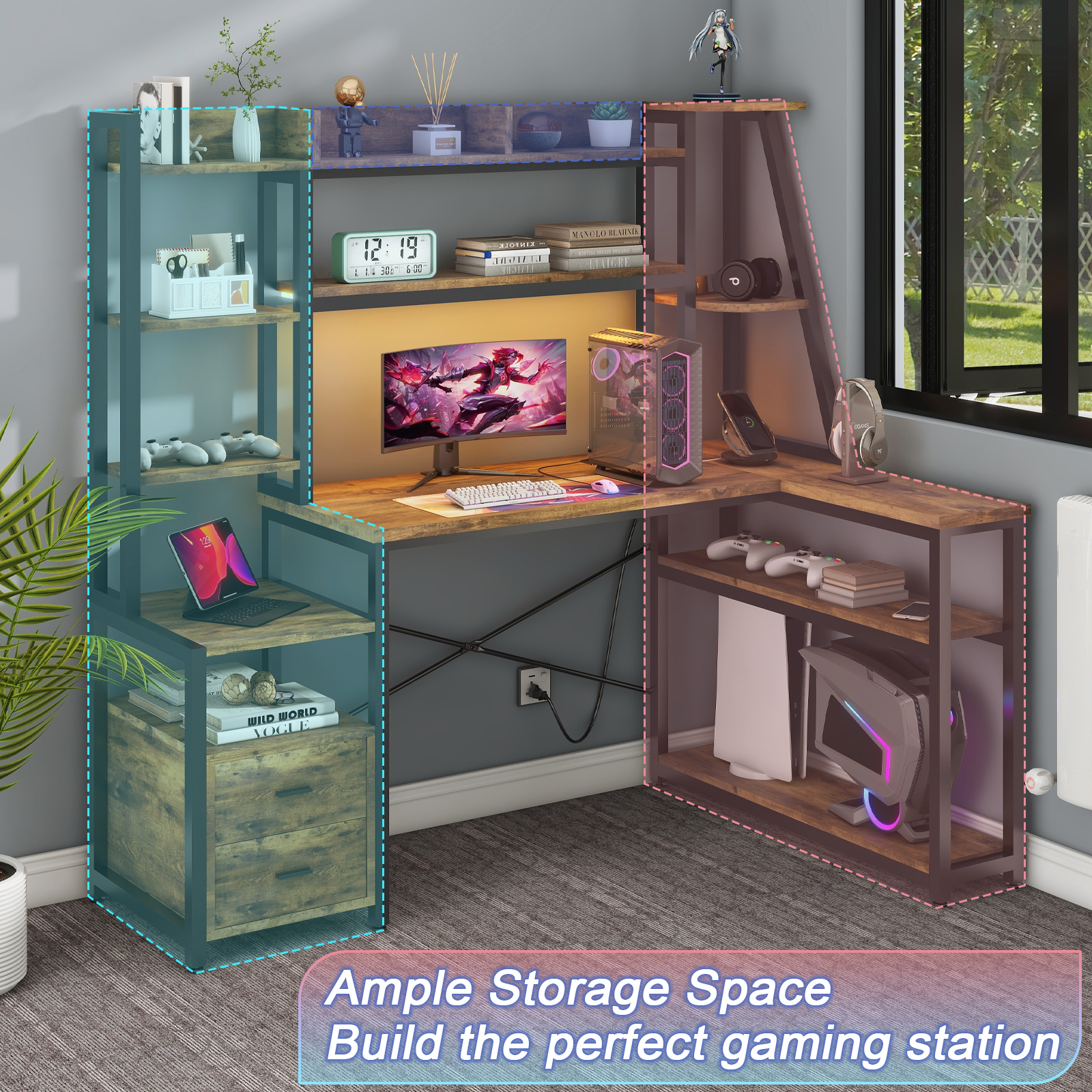 Vabches L Shape Computer Desk with LED Lights and Power Outlets, L Shaped Gaming Desk with 2 Drawers Hutch Monitor Stand