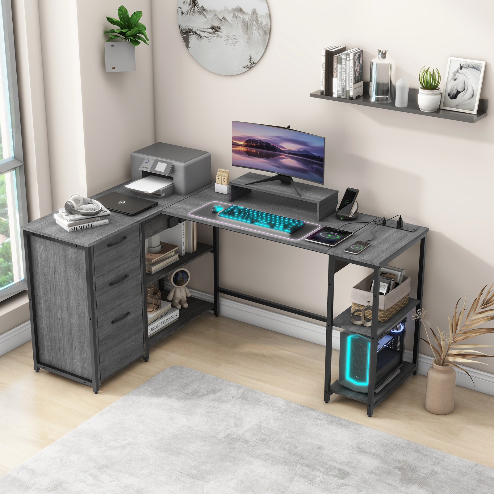 61" L Shaped Computer Desk with LED Lights and Power Outlets, Reversib