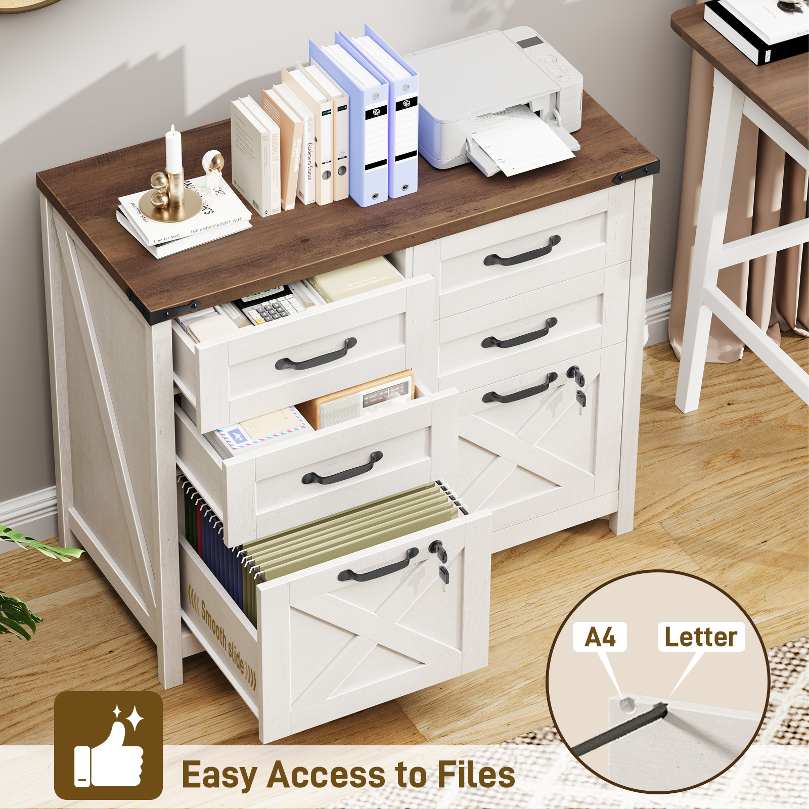 Halitaa Lateral File Cabinet with 6 Drawers, Farmhouse File Cabinet with Lock for Letter/A4 Size Hanging Files, Wood File Storage Cabinets Printer Stand for Home Office Cabinets, Rustic White and Brown