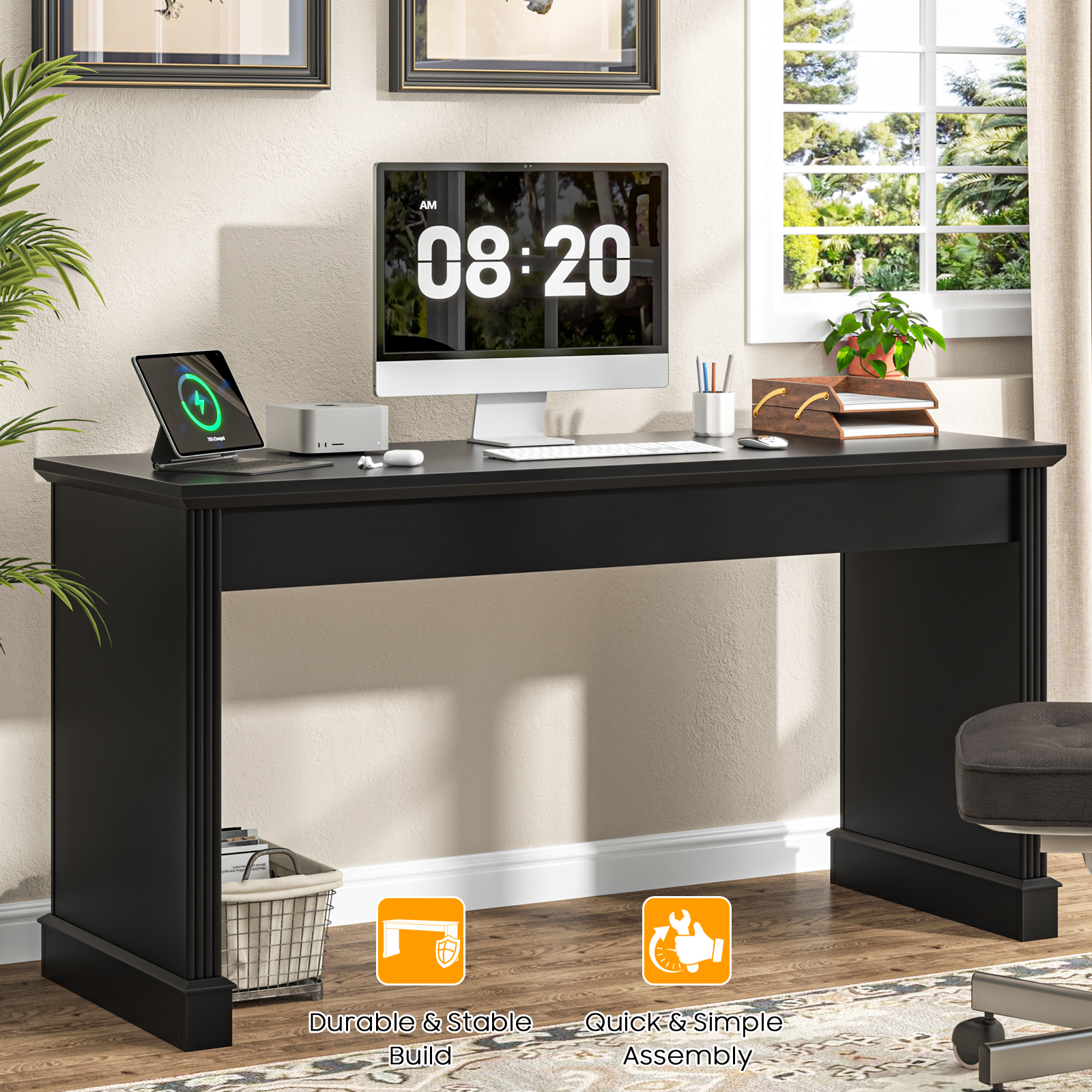 Farmhouse 59" Executive Computer Desk, Simple and Spacious Workstation for Remote Work & Study, Home Office, Pure Black