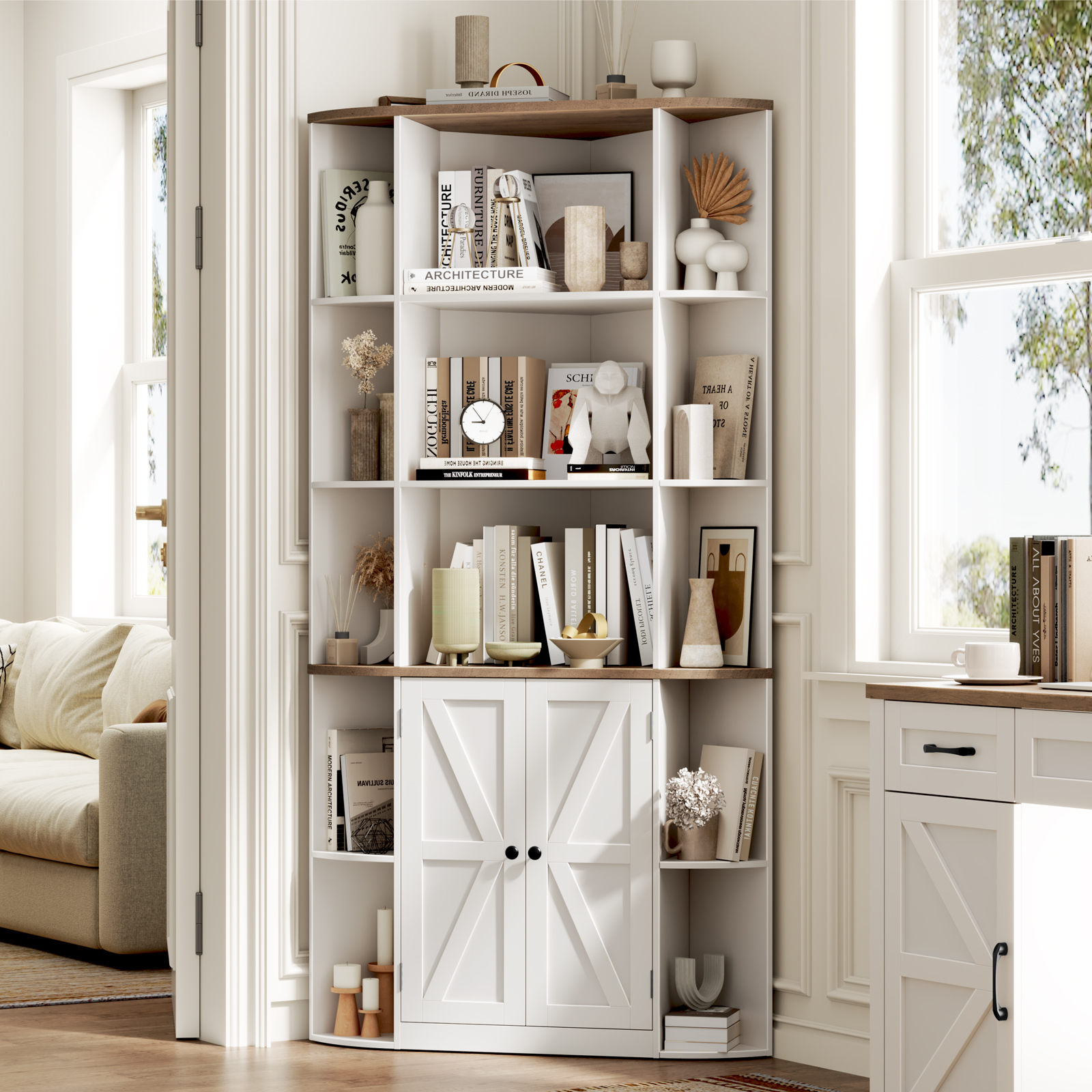 Halitaa Halitaa Corner Storage Cabinet, 67” Tall Corner Bookshelf with Barn Doors and Adjustable Shelf, Farmhouse Storage Shelf with Bottom Cabinet for Study, Living Room and Bedroom