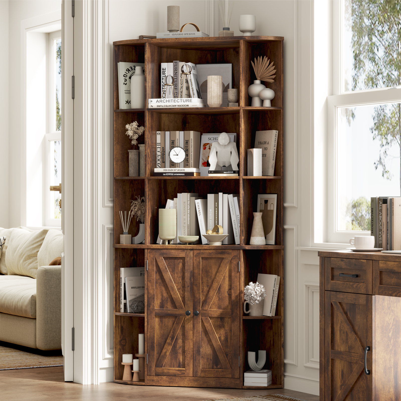 Halitaa Halitaa Corner Storage Cabinet, 67” Tall Corner Bookshelf with Barn Doors and Adjustable Shelf, Farmhouse Storage Shelf with Bottom Cabinet for Study, Living Room and Bedroom