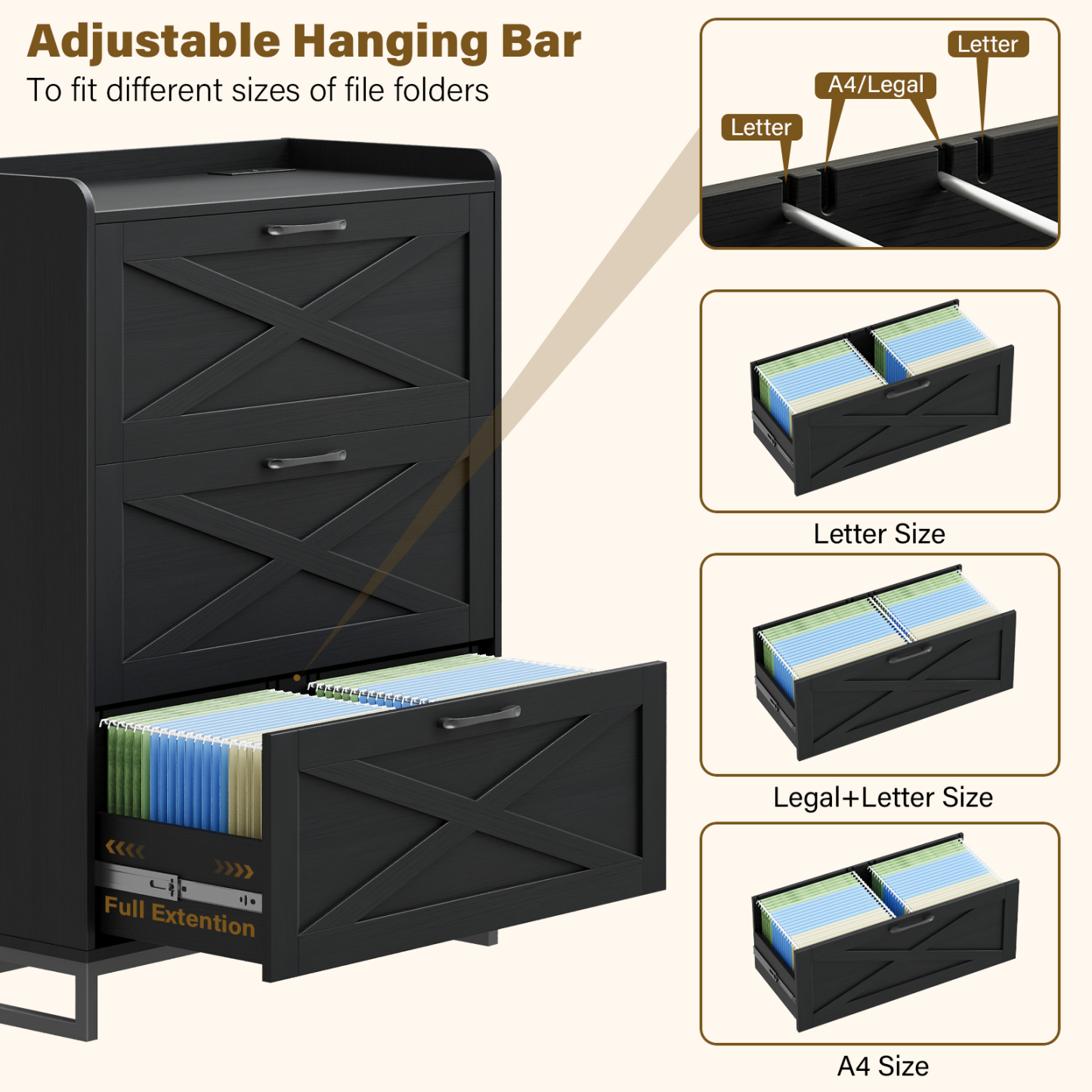 File Cabinet 3 Drawers Lateral File Cabinet with Charging Station for Letter/Legal/A4 Size Hanging Files, Large Wood File Storage Cabinets Printer Stand for Home Office, Black