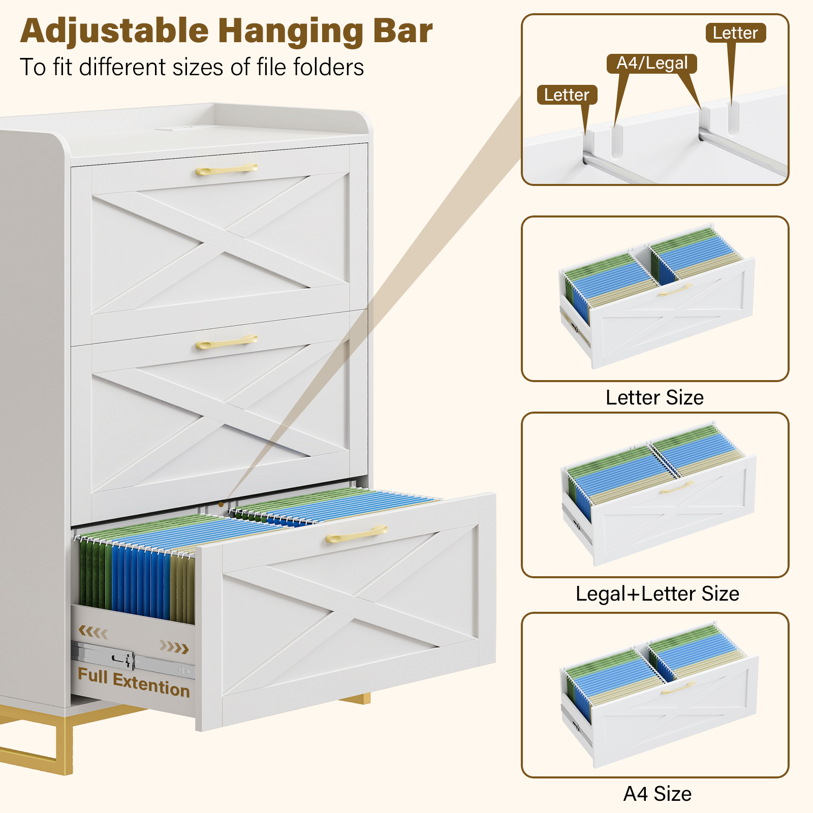 File Cabinet 3 Drawers Lateral File Cabinet with Charging Station for Letter/Legal/A4 Size Hanging Files, Large Wood File Storage Cabinets Printer Stand for Home Office, Black