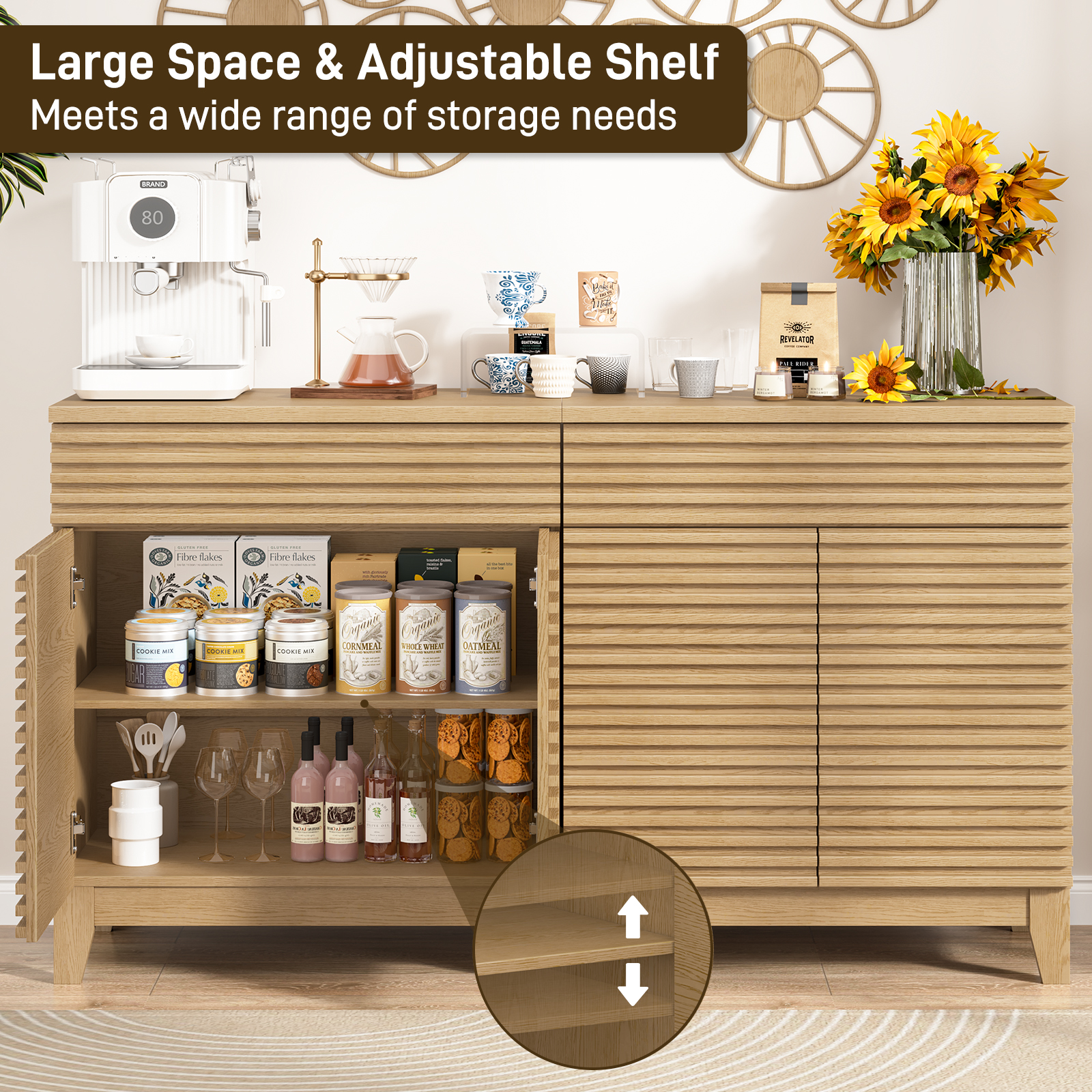 Vabches Fluted Buffet Cabinet with Storage, Coffee Bar Cabinet with a Drawer, Sideboard Buffet Kitchen Storage Cabinets with Adjustable Shelves for Living Room, Kitchen, Natural Oak