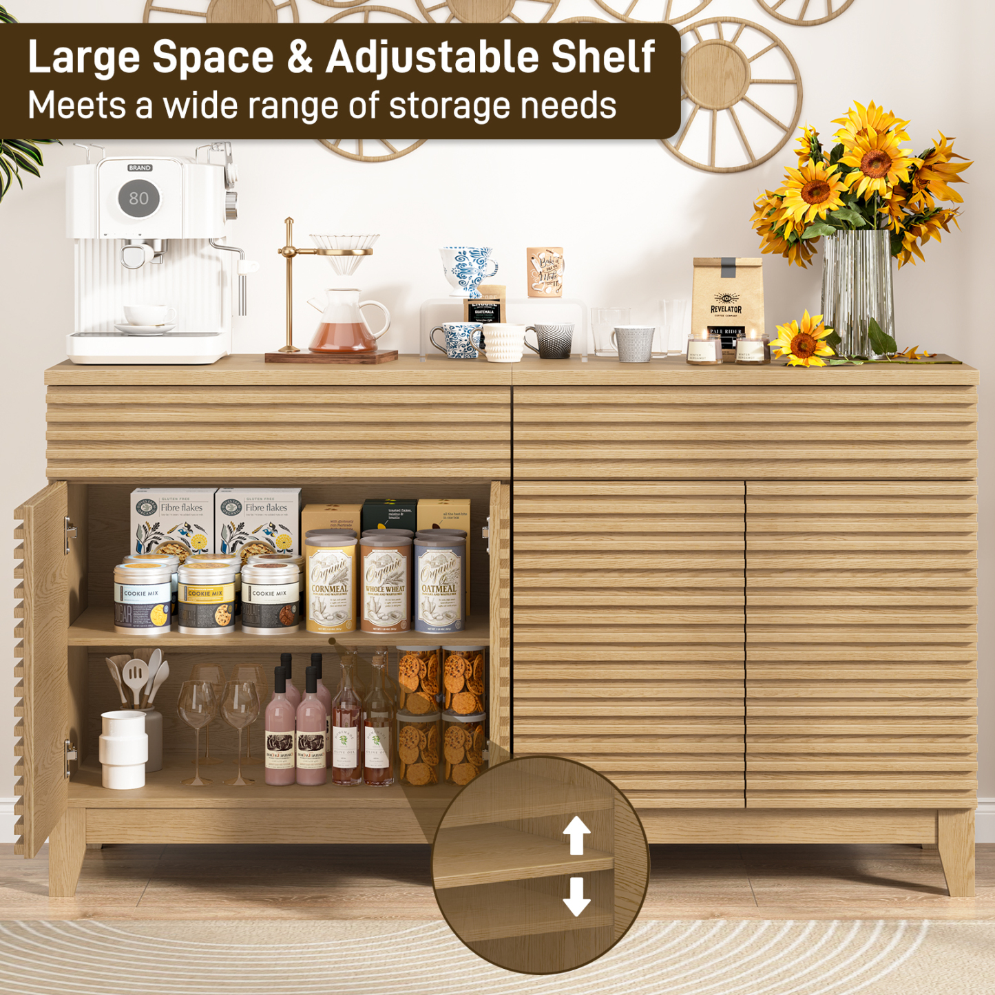 Vabches Fluted Buffet Cabinet with Storage, Coffee Bar Cabinet with a Drawer, Sideboard Buffet Kitchen Storage Cabinets with Adjustable Shelves for Living Room, Kitchen, Natural Oak