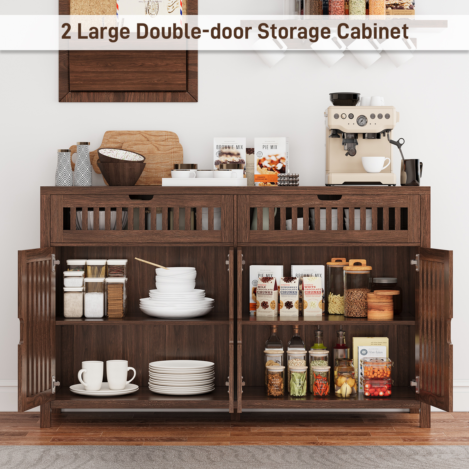 Vabches Storage Cabinet with Drawers, 55" Large Buffets & Sideboards with Adjustable Shelves and Doors, Multifunctional Kitchen Pantry Cabinet Coffee Bar Station for Dining Room, Living Room, Brown
