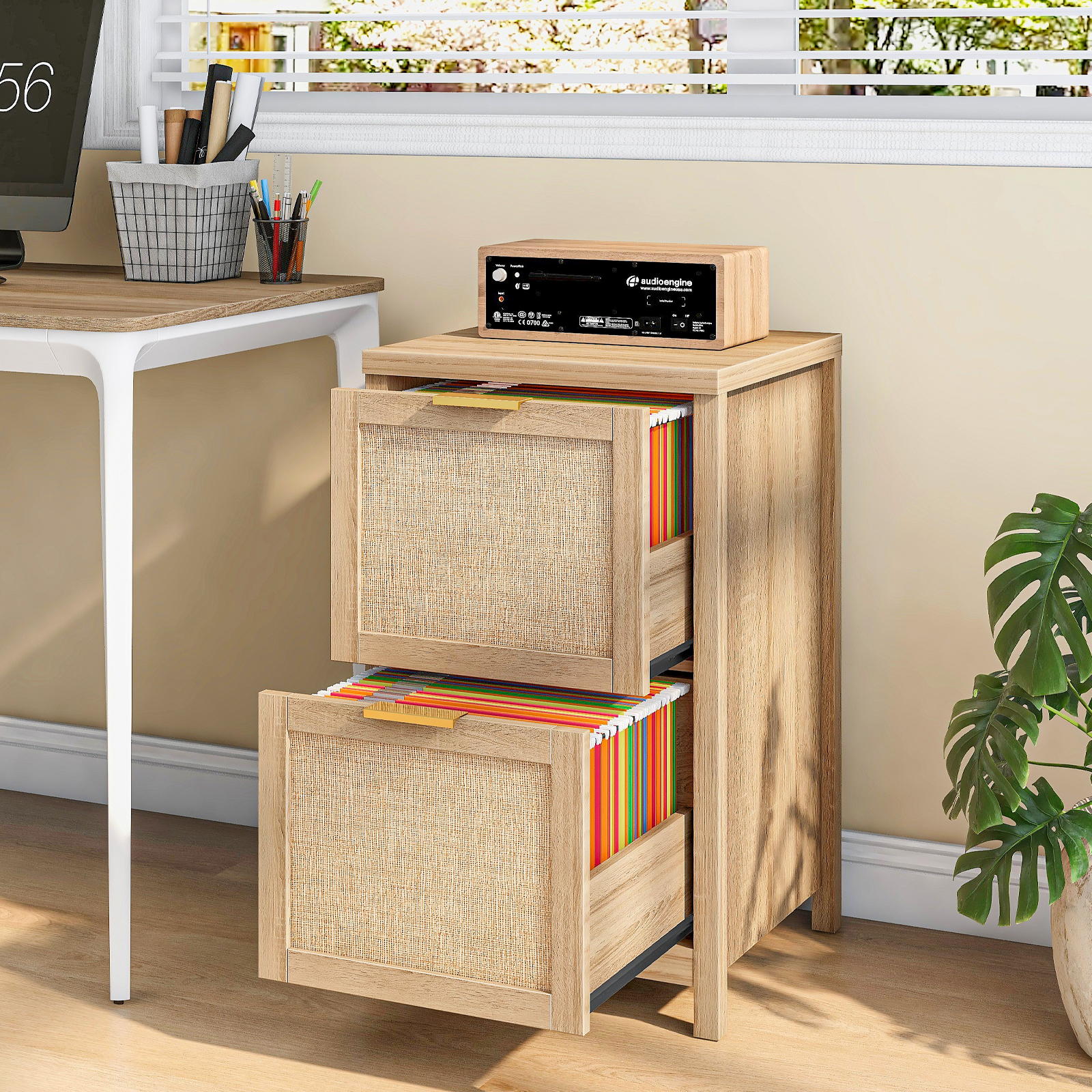 2-Drawer Rattan Small File Cabinet, Farmhouse Vertical Filing Cabinet Fits A4/Letter Size, Under Desk File Cabinets with Storage for Home Office, Wooden Printer Stand, Natural Oak