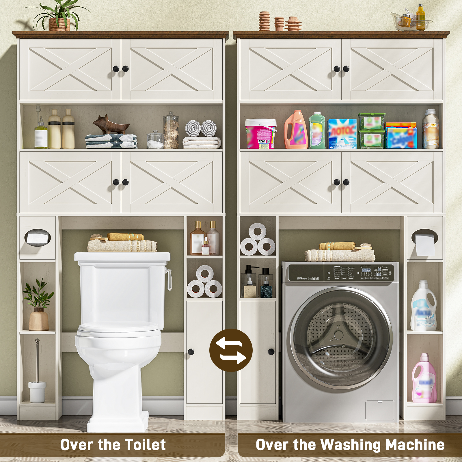 Over The Toilet Storage Cabinet, Farmhouse Storage Over Toilet with 4 Barn Doors & Adjustable Shelf, Space Saving Bathroom Organizer with Toilet Paper Holder Stand for Restroom, Bathroom, Laundry