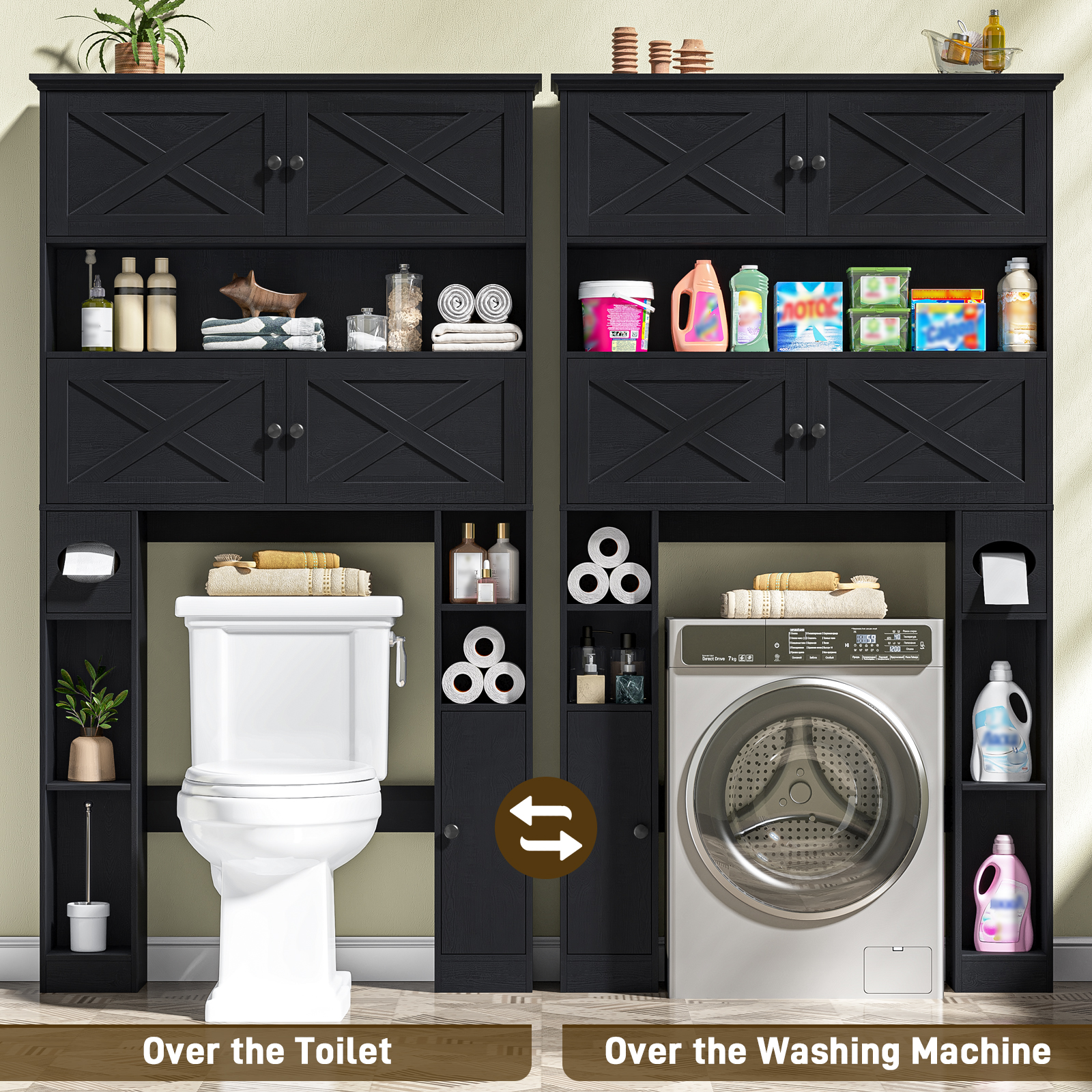 Over The Toilet Storage Cabinet, Farmhouse Storage Over Toilet with 4 Barn Doors & Adjustable Shelf, Space Saving Bathroom Organizer with Toilet Paper Holder Stand for Restroom, Bathroom, Laundry