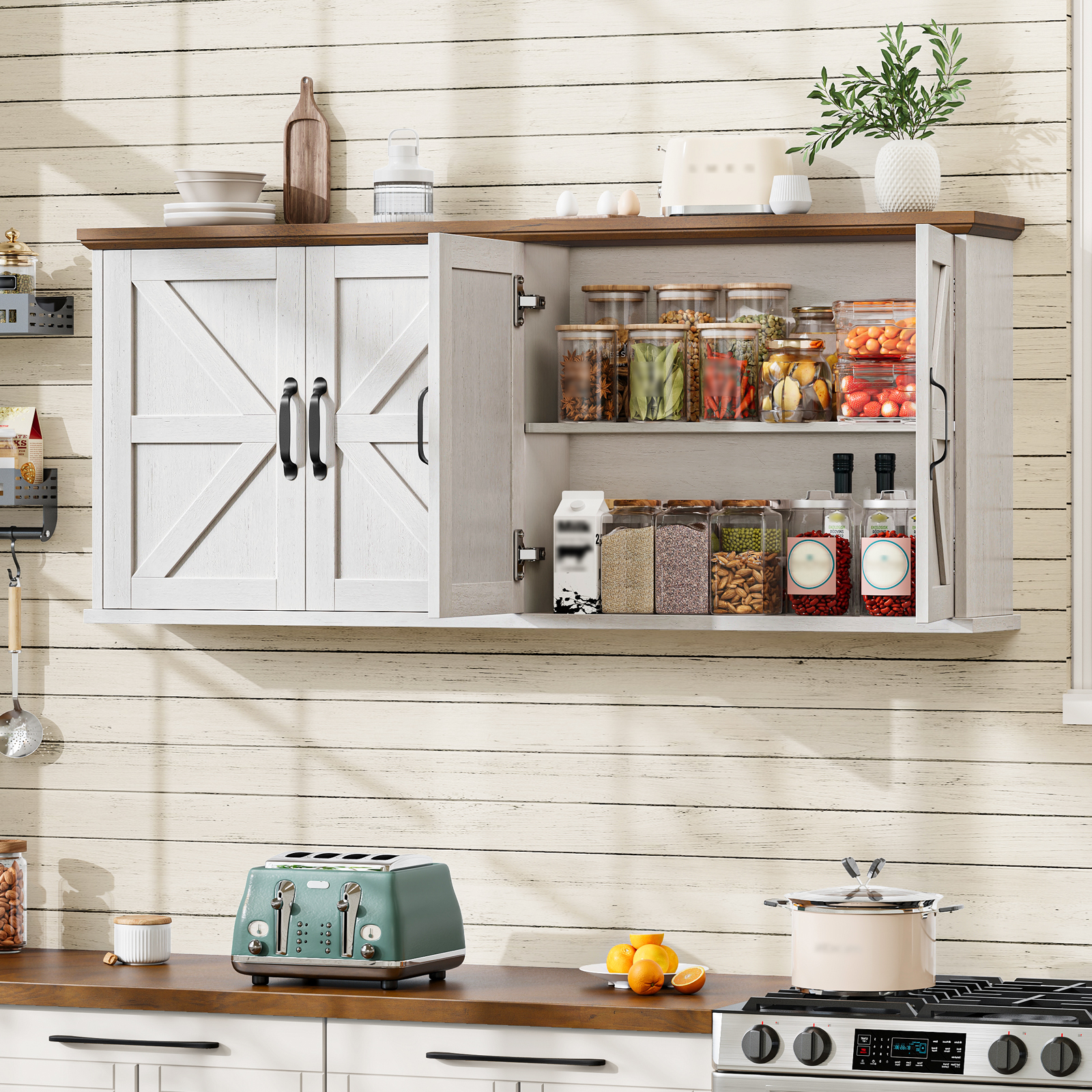 47" Laundry Room Cabinets and Storage with 4 Doors and Utility Adjustable Shelf, Large Wall Mounted Storage Cabinet, Upper Kitchen Cabinet for Laundry, Bathroom, and Kitchen, White and Brown