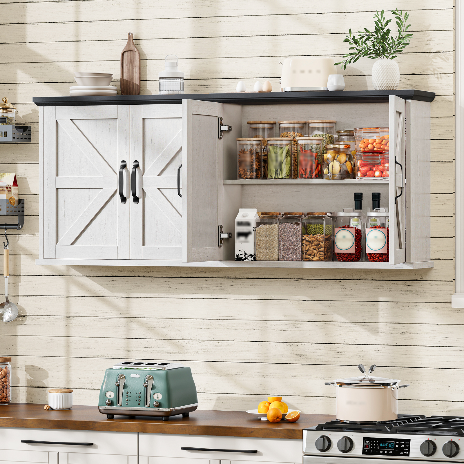 47" Laundry Room Cabinets and Storage with 4 Doors and Utility Adjustable Shelf, Large Wall Mounted Storage Cabinet, Upper Kitchen Cabinet for Laundry, Bathroom, and Kitchen, White and Brown