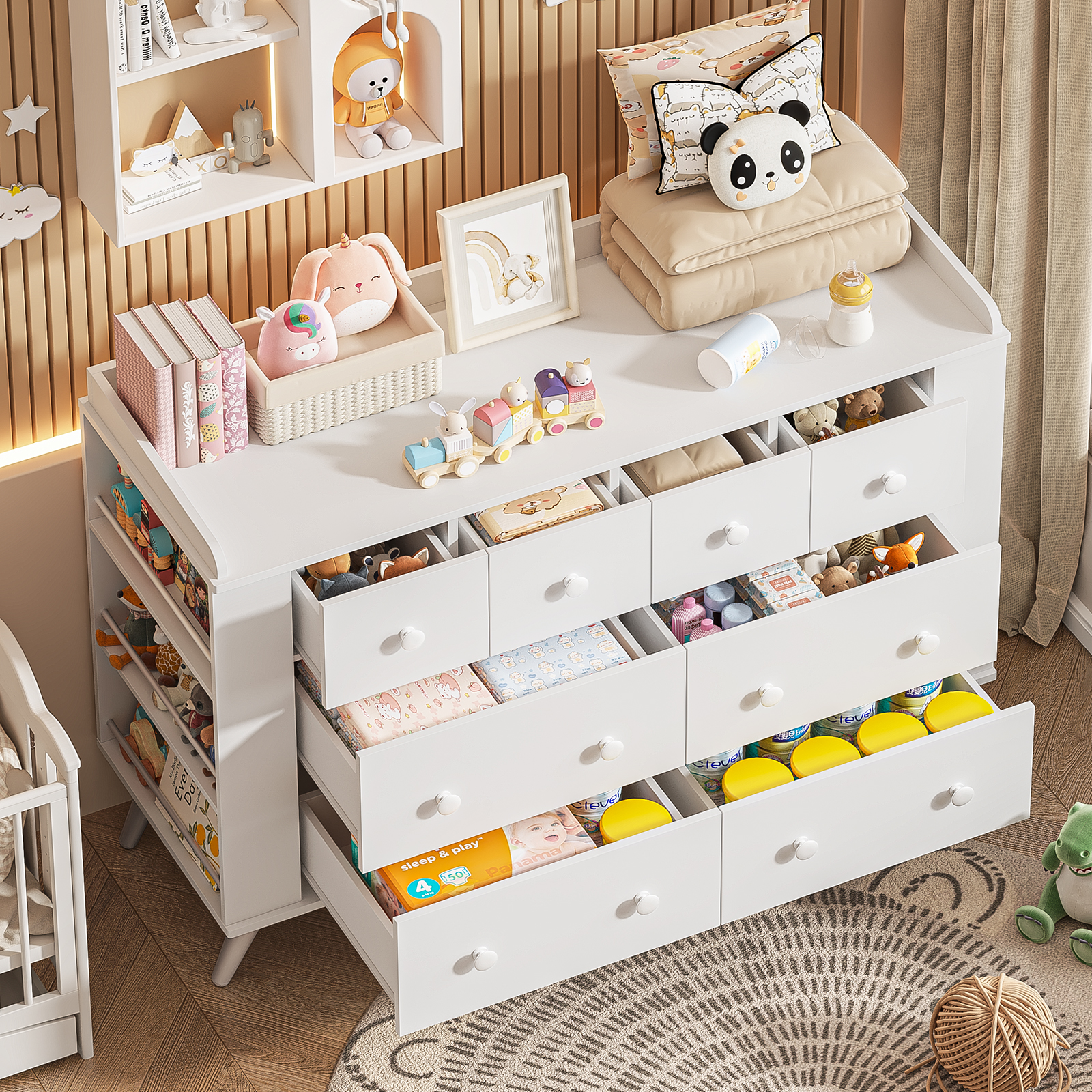 Vabkids Kids Dresser Cabinet with 8 Drawers, Changing Table for Nursery, White Chest of Drawers with Open Shelving, Baby Dresser, Kids Bedroom Furniture, Nightstand for Child' s Room, White