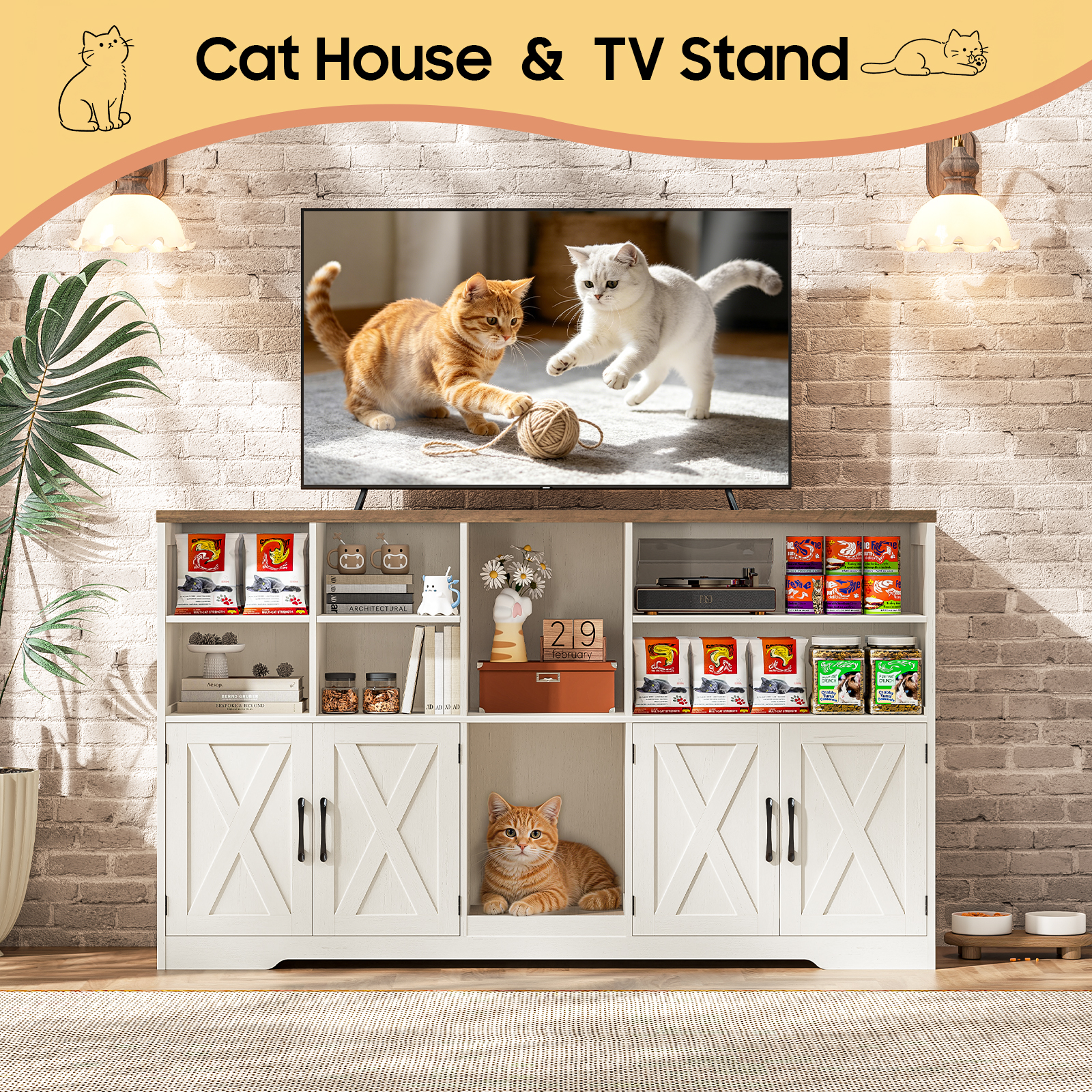 Halitaa Double Litter Box Enclosure for 2 Cats, 57" Farmhouse Litter Box Furniture Hidden with Cat Scratch Pad, Large Indoor Cat House with Double Room, Wooden Litter Box Cabinet, TV Stand, Rustic White