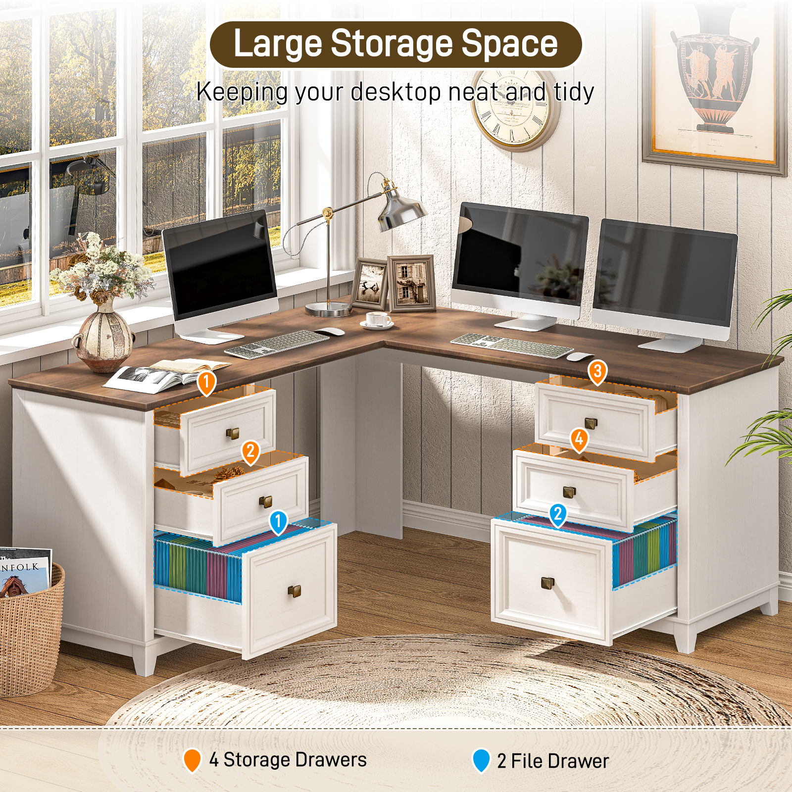 Halitaa 59'' Farmhouse L Shaped Desk with 6 Drawers, Large Rustic L Shaped Executive Desk with File Cabinet, Wood Writing Corner Computer Desk with Storage for Home Office, Work, Study, White and Brown