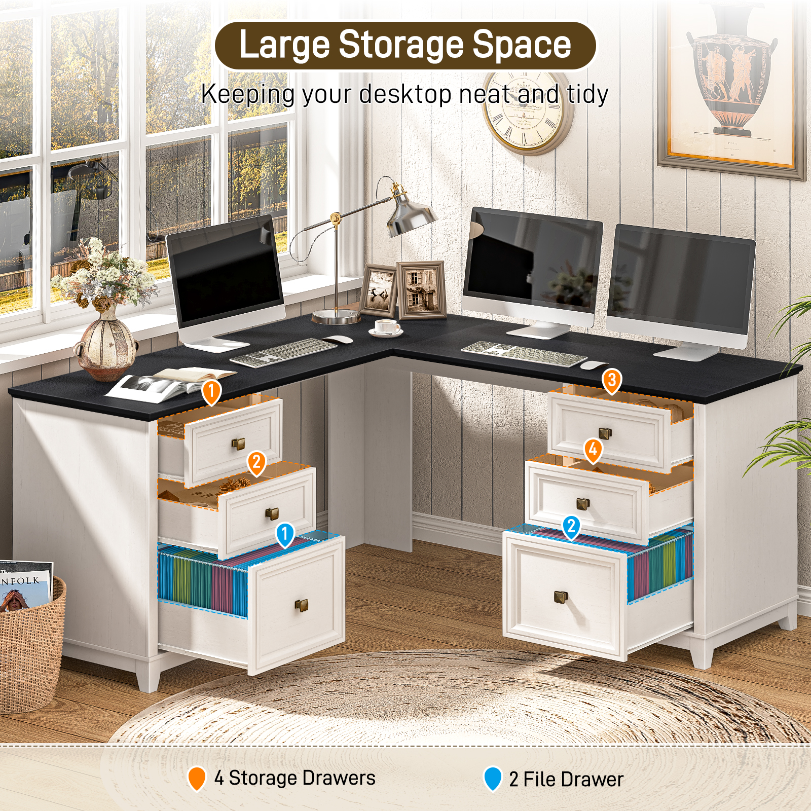 Halitaa 59'' Farmhouse L Shaped Desk with 6 Drawers, Large Rustic L Shaped Executive Desk with File Cabinet, Wood Writing Corner Computer Desk with Storage for Home Office, Work, Study, White and Brown