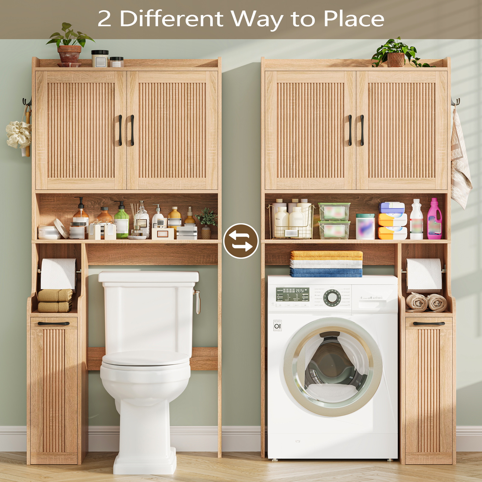 Halitaa Over The Toilet Storage Cabinet with Pulley, Space Saver Fluted Bathroom Organizer with Open Shelves, Anti-Tipping, Toilet Paper Holder Stand Toilet Rack for Bathroom, Laundry（Natural）