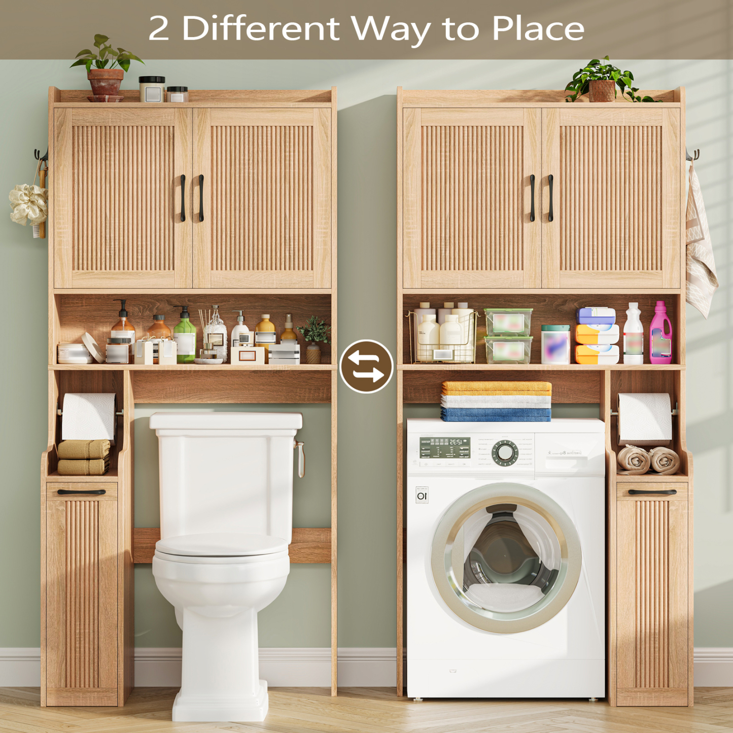 Halitaa Over The Toilet Storage Cabinet with Pulley, Space Saver Fluted Bathroom Organizer with Open Shelves, Anti-Tipping, Toilet Paper Holder Stand Toilet Rack for Bathroom, Laundry（Natural）
