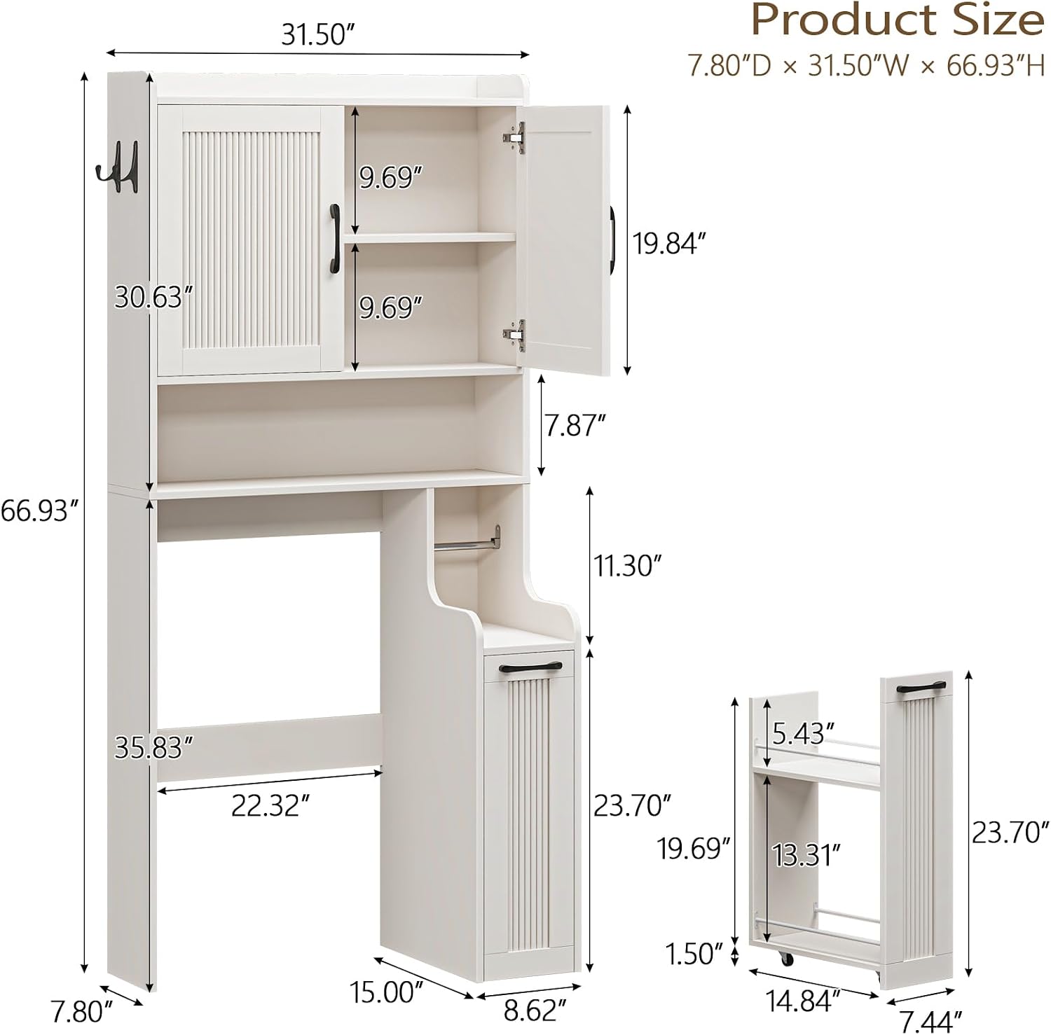 Halitaa Over The Toilet Storage Cabinet with Pulley, Space Saver Fluted Bathroom Organizer with Open Shelves, Anti-Tipping, Toilet Paper Holder Stand Toilet Rack for Bathroom, Laundry（Natural）