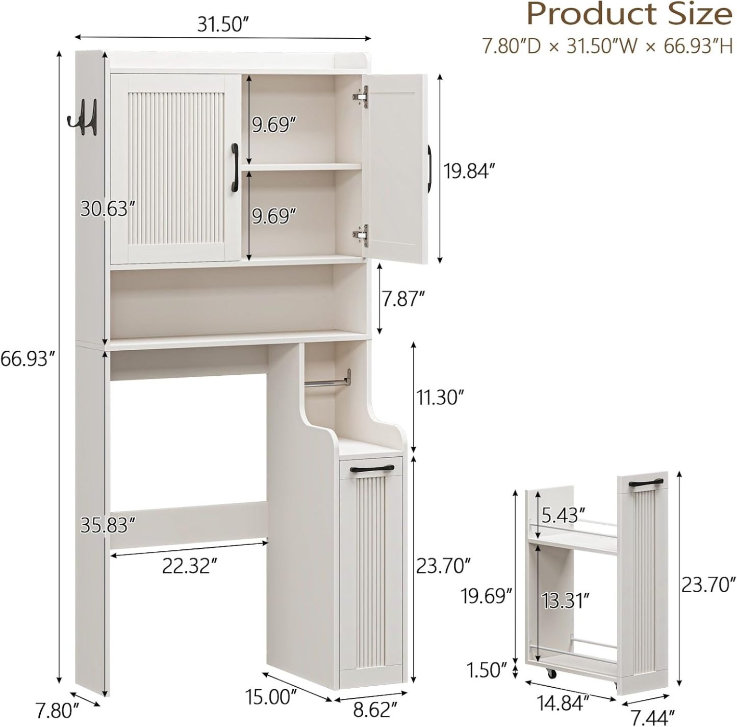 Halitaa Over The Toilet Storage Cabinet with Pulley, Space Saver Fluted Bathroom Organizer with Open Shelves, Anti-Tipping, Toilet Paper Holder Stand Toilet Rack for Bathroom, Laundry（Natural）