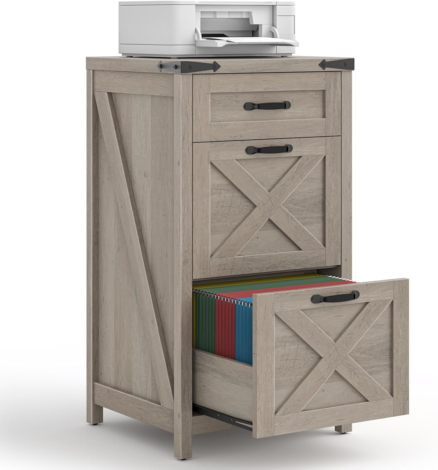 Farmhouse File Cabinet with 3 Drawers for Home Office, Rustic Grey | Halitaa Vertical Filing Cabinet Fits Letter/A4 Size, Wood File Cabinet Printer Stand for Living Room