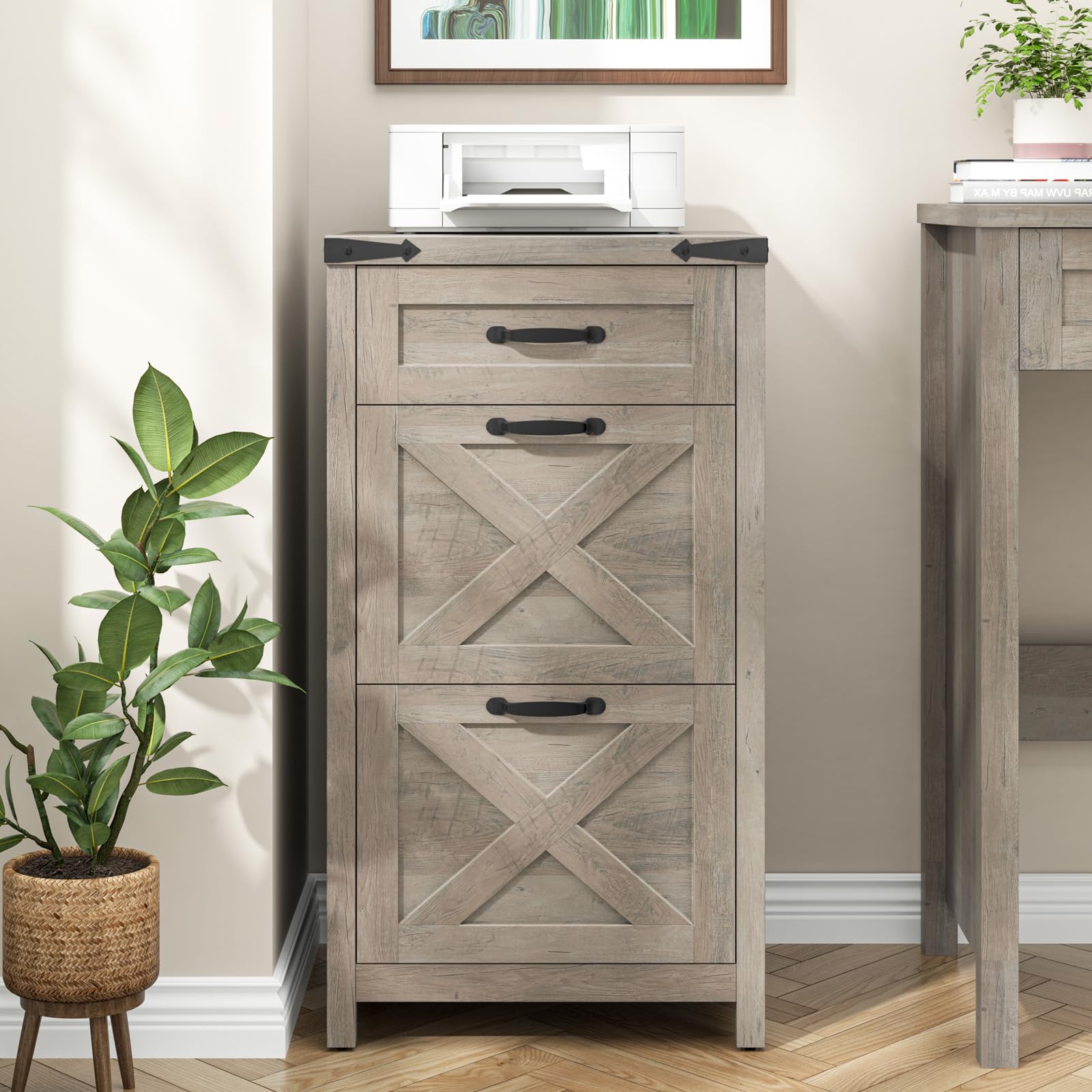 Halitaa 3 Drawers Farmhouse File Cabinet with Wheels for Home Office, Grey
