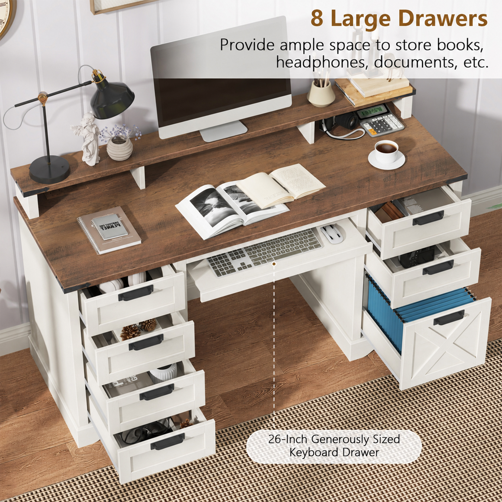 Halitaa 60" Farmhouse Executive Desk with 8 Drawers, Rustic White and Brown|Wood Computer Desk with Keyboard Tray & Monitor Stand, Writing Desk Workstation for Home Office, Bedroom, Study