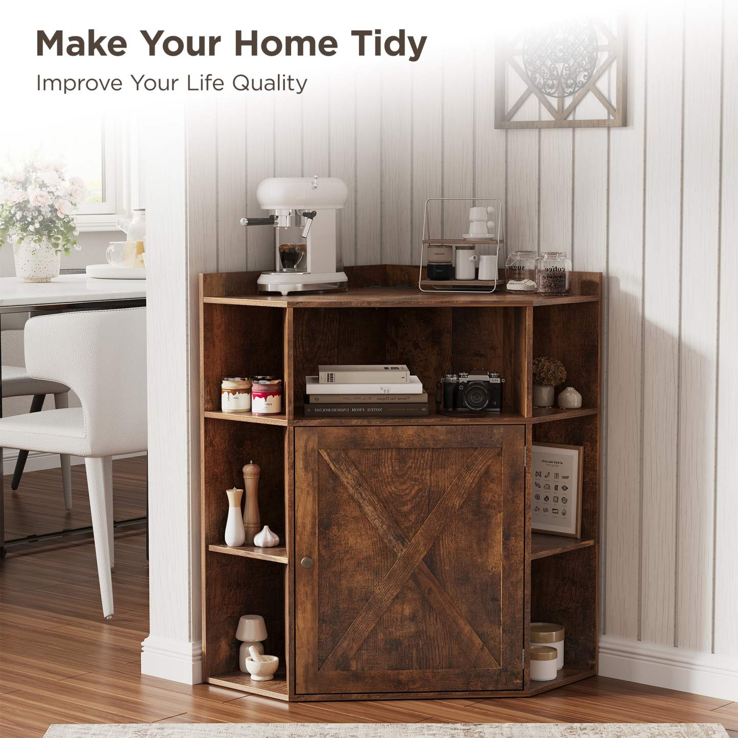 Corner Cabinet, Corner Storage Shelf with USB Ports and Outlets Industrial Organizer for Small Space Wooden 6-Cubby Bookshelf for Study, Playroom, Living Room (Amber Pine)